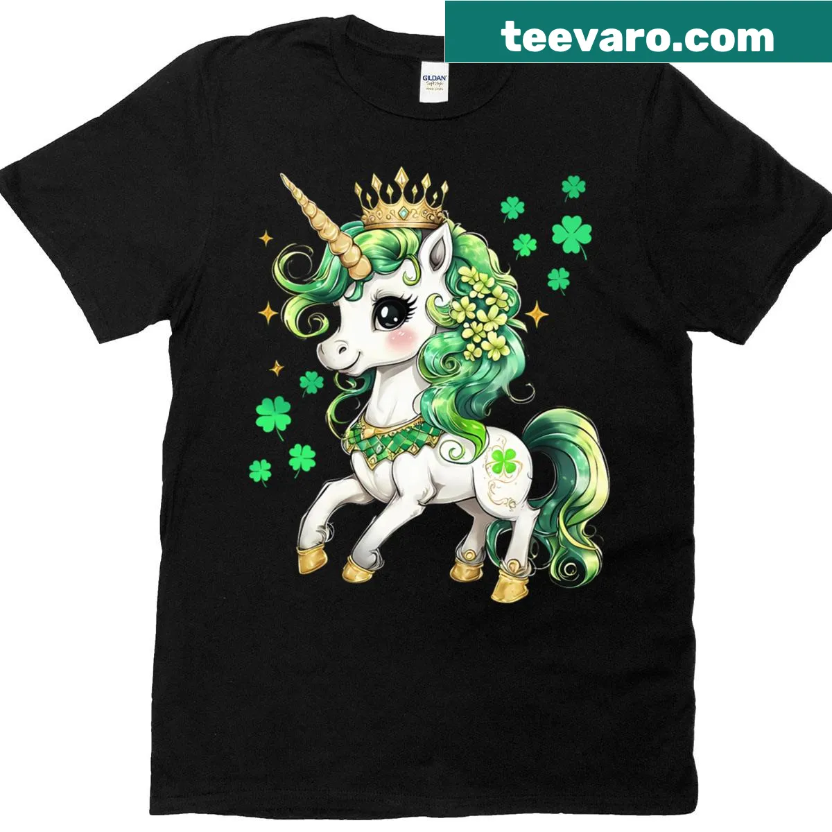 Whimsical unicorn and shamrock design on a kids' t-shirt — on a men's t-shirt