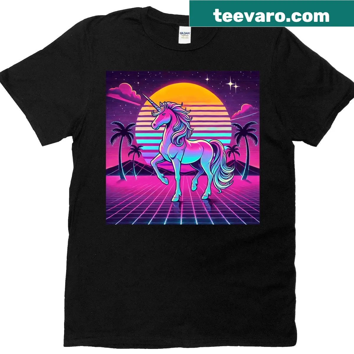 Illustrated unicorn on a retro vaporwave background for men. — on a men's t-shirt