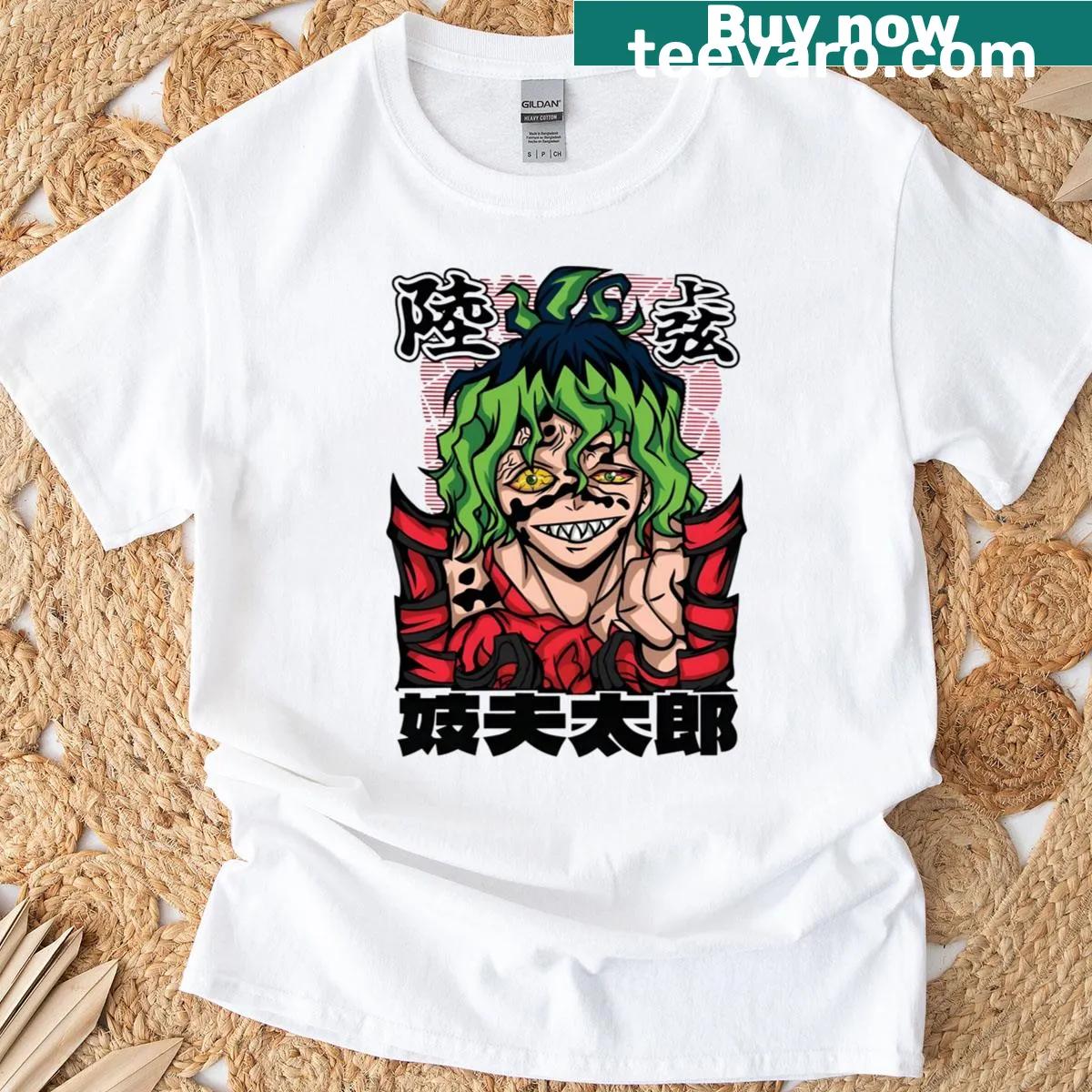 Illustrated T-shirt featuring Upper Moon 6 Gyutaro character — on a men's t-shirt