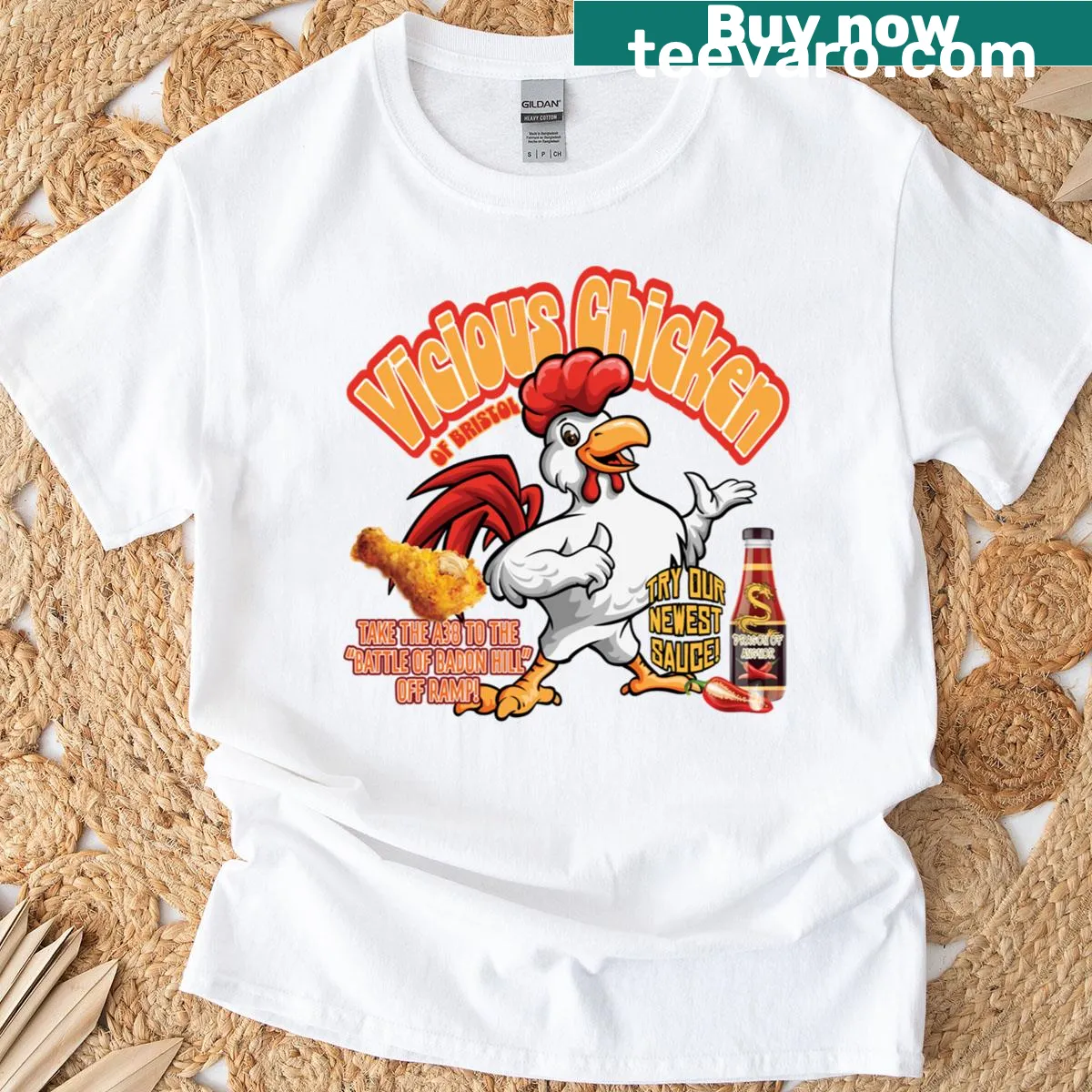 Bold graphic of a fierce chicken design on t-shirt — on a men's t-shirt
