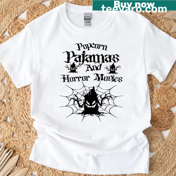 V-neck T-shirt with humorous text about horror movies.