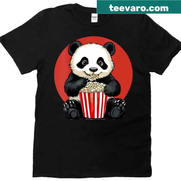 Illustration of a panda enjoying popcorn on a kids' V-neck shirt