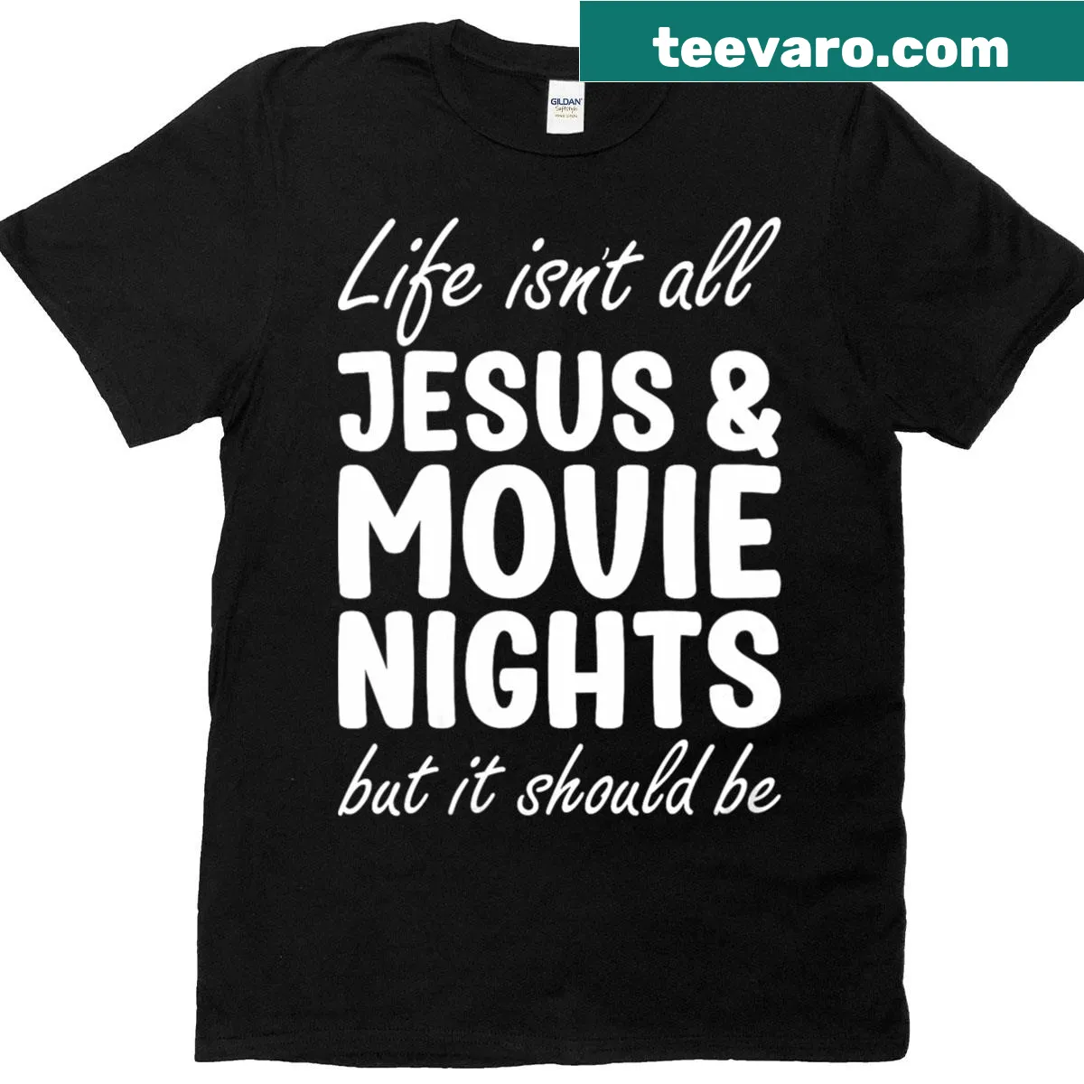Funny V-neck t-shirt about movie nights and Jesus — on a men's t-shirt