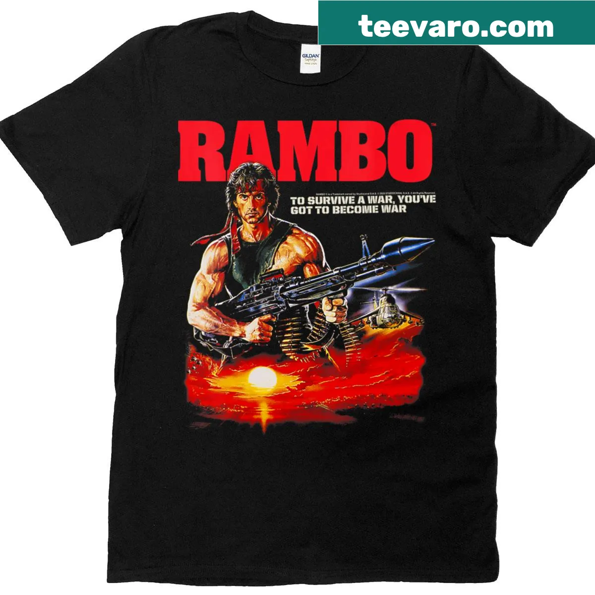 V-neck T-shirt featuring a missile launcher illustration. — on a men's t-shirt