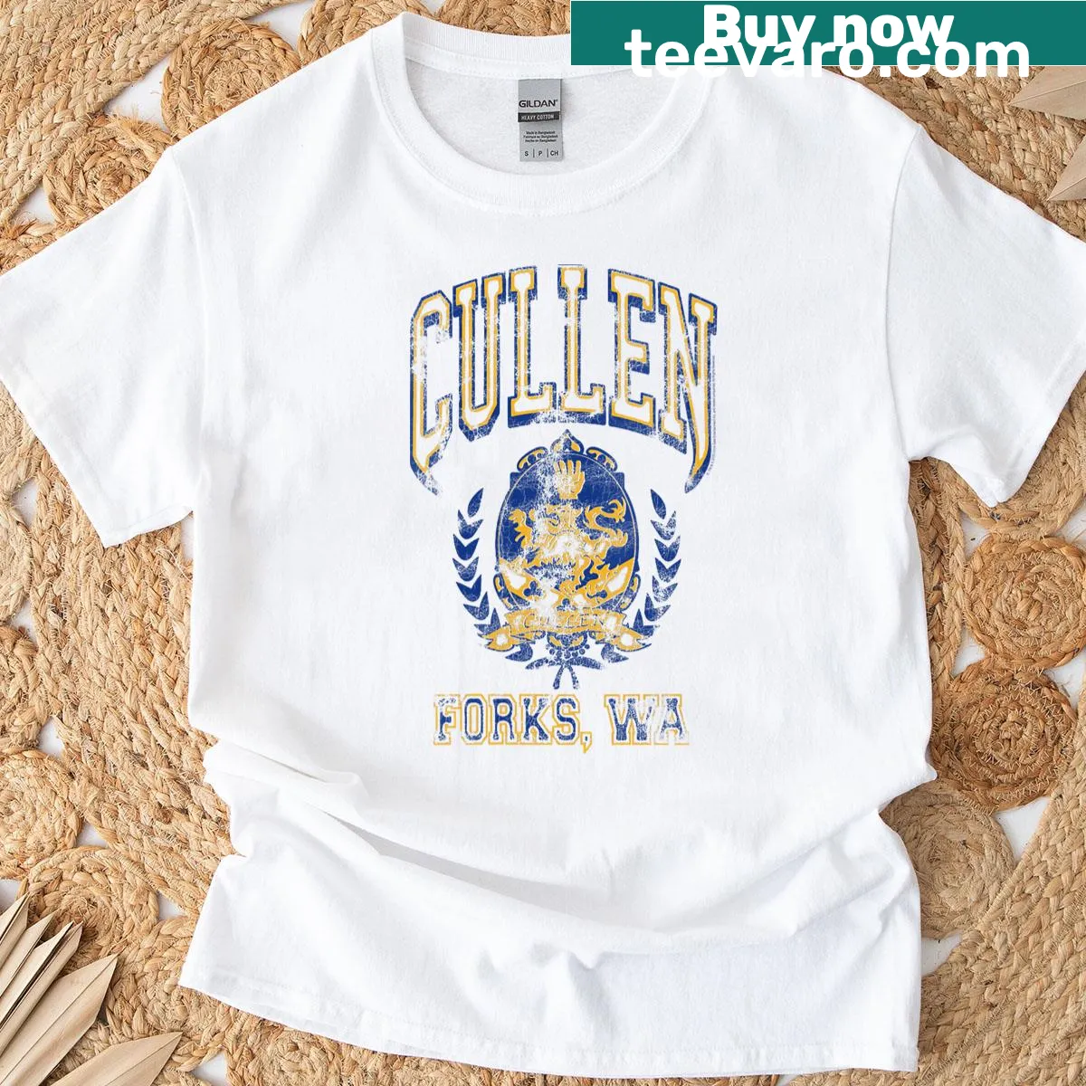 Vintage tee featuring Cullen family crest from Twilight Saga — on a men's t-shirt