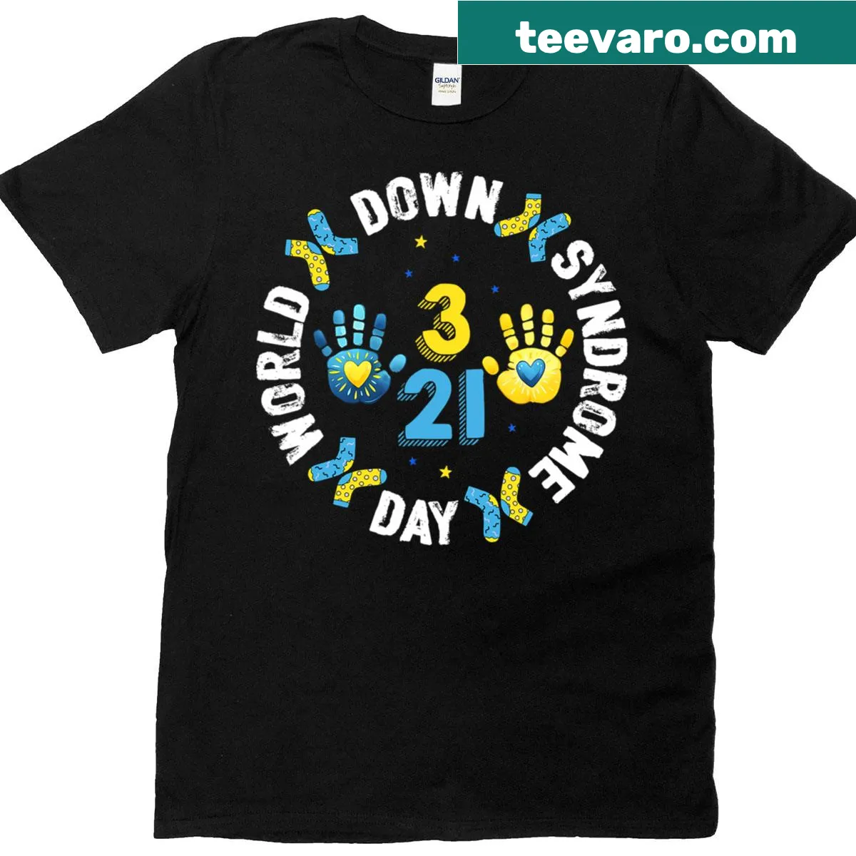 Down Syndrome support T-shirt featuring the 3-21 design — on a men's t-shirt