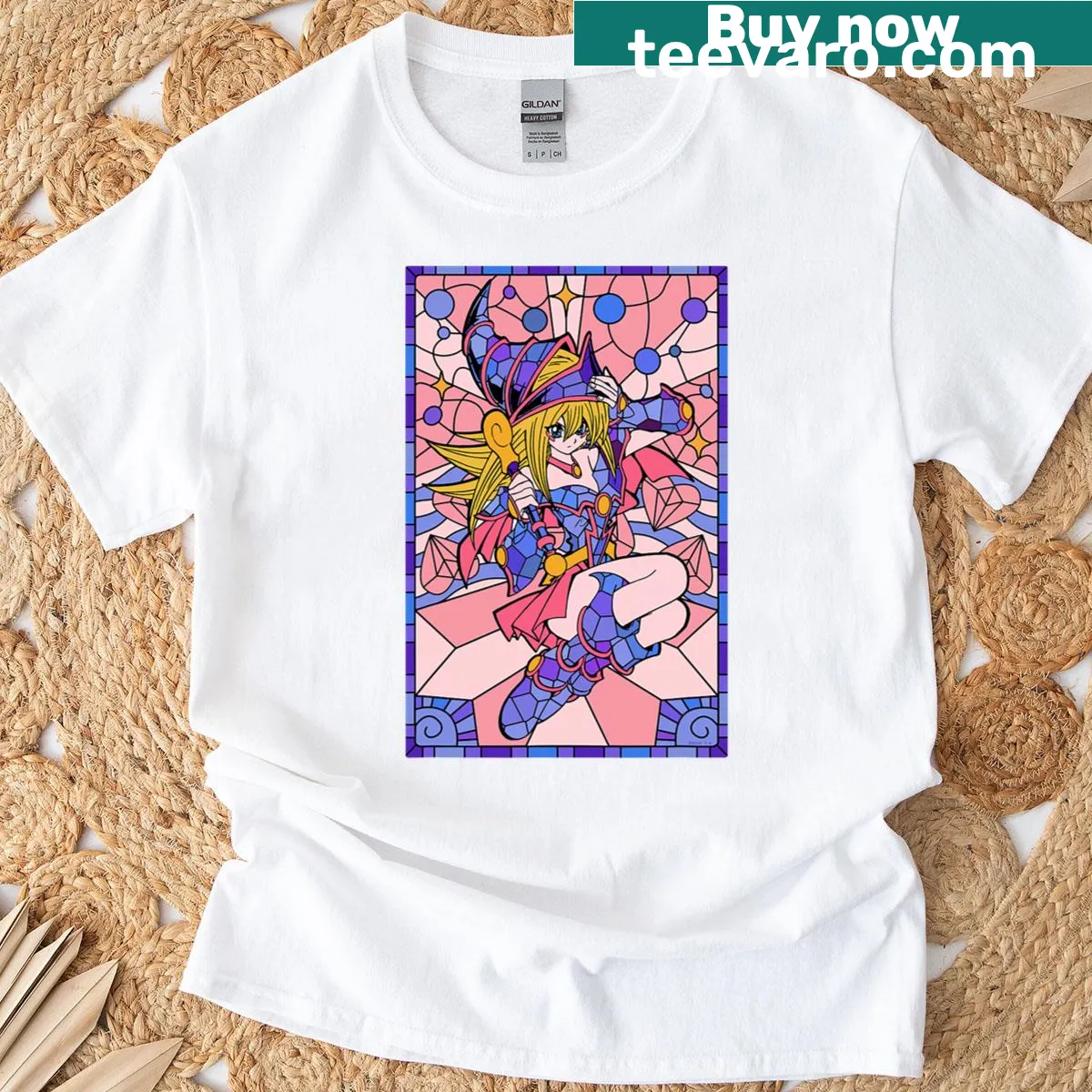 Cute stained glass design featuring the Dark Magician Girl from Yu Gi Oh! — on a men's t-shirt