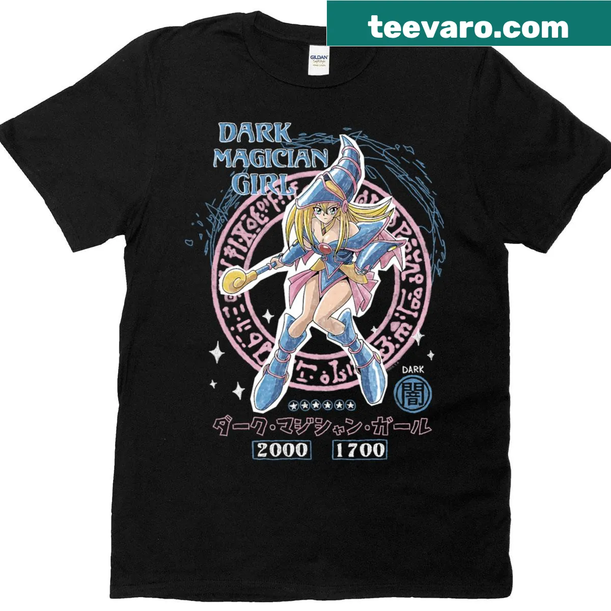 Illustrated Dark Magician Girl from Yu-Gi-Oh! — on a men's t-shirt