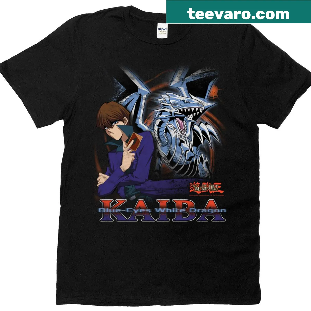 Anime t-shirt featuring Blue Eyes White Dragon from Yu Gi Oh! — on a men's t-shirt