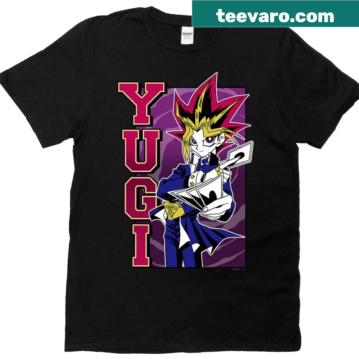 Anime t-shirt featuring Yugi in action pose from Yu Gi Oh! — on a men's t-shirt