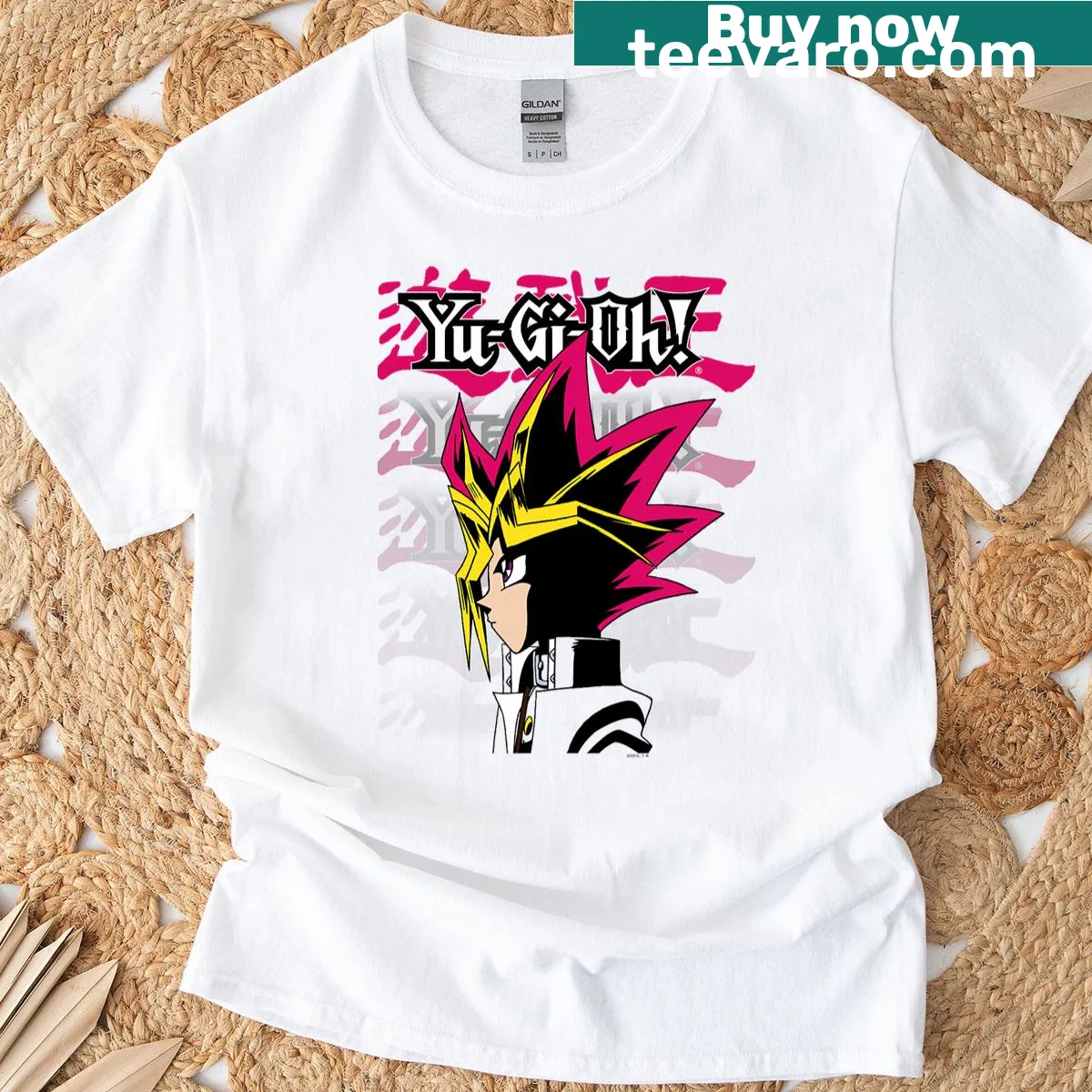 Yu Gi Oh! Yugi colorful repeating logo t-shirt — on a men's t-shirt