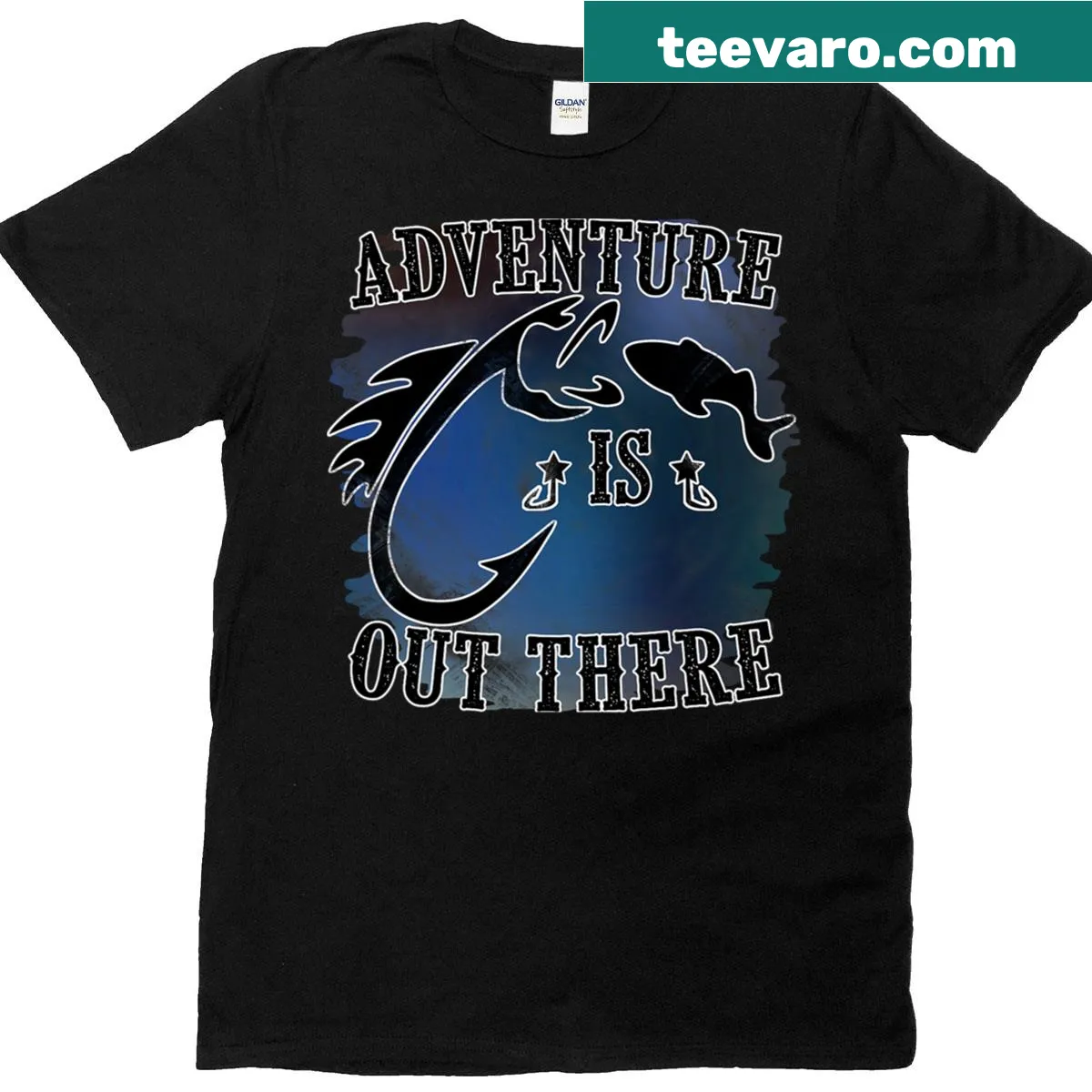 Fishing themed t-shirt with adventure slogan — on a men's t-shirt