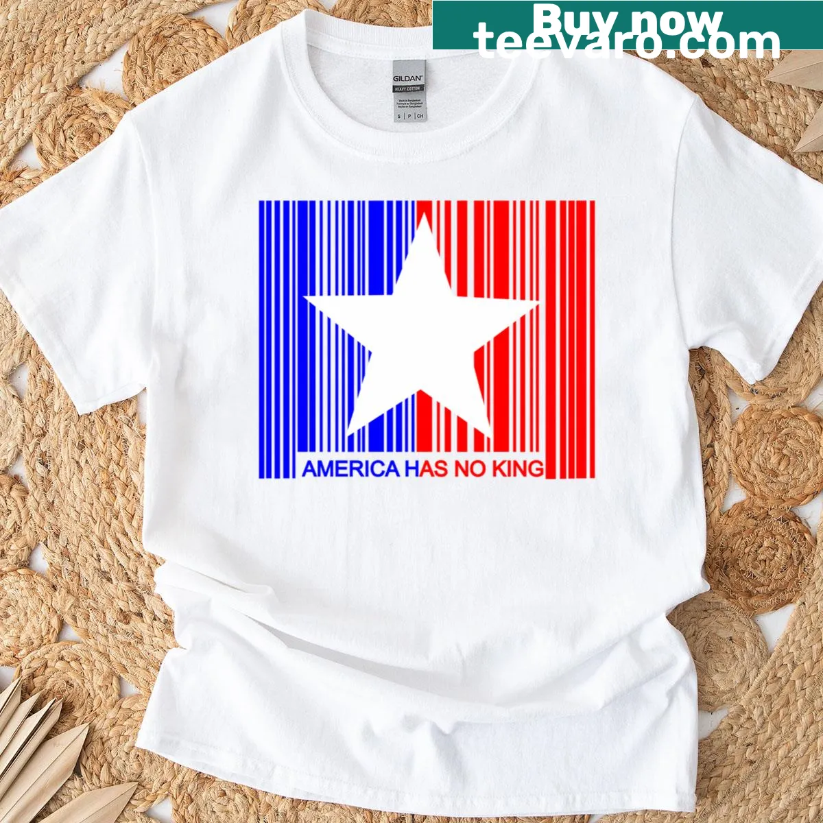 Patriotic t-shirt with 'America Has No King' text — on a men's t-shirt
