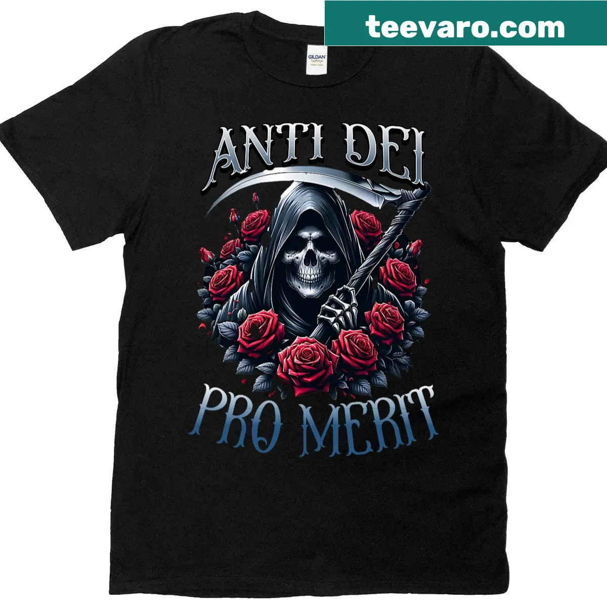 Reaper skull illustration with 'Anti Dei Pro Merit' text on a t-shirt — on a men's t-shirt