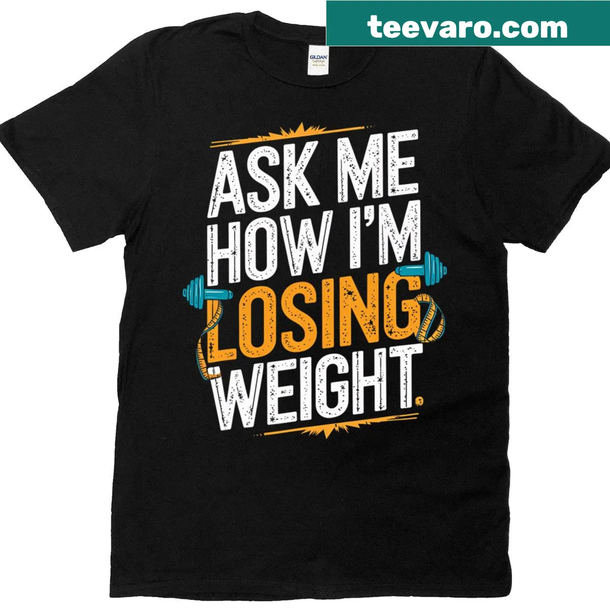 Distressed motivational T-shirt with 'Ask Me How I'm Losing Weight' — on a men's t-shirt