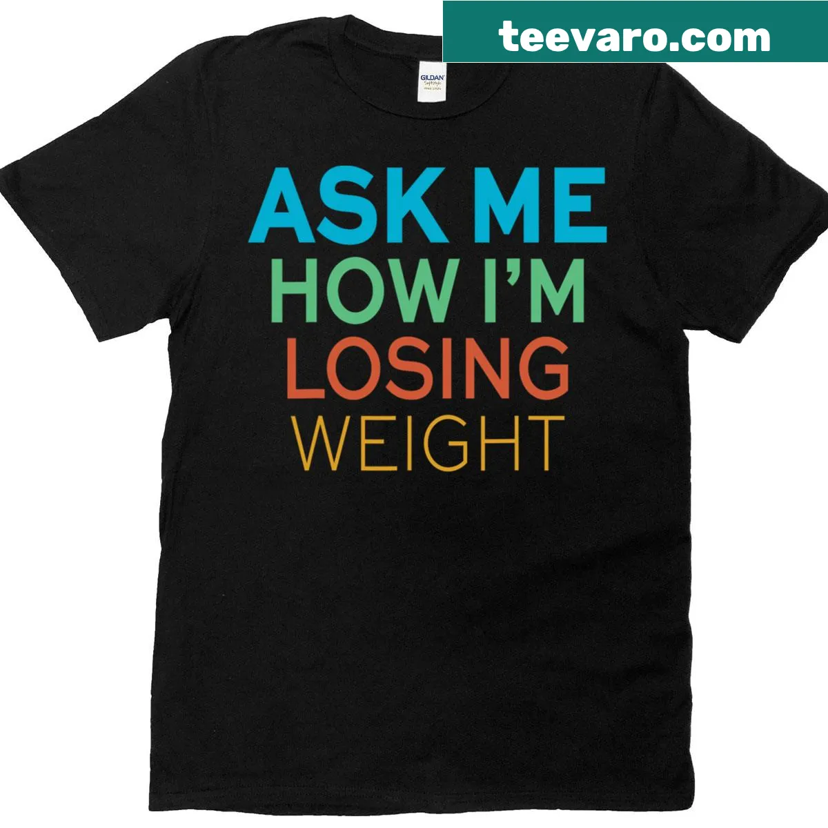 Motivational T-shirt inviting questions about weight loss — on a men's t-shirt