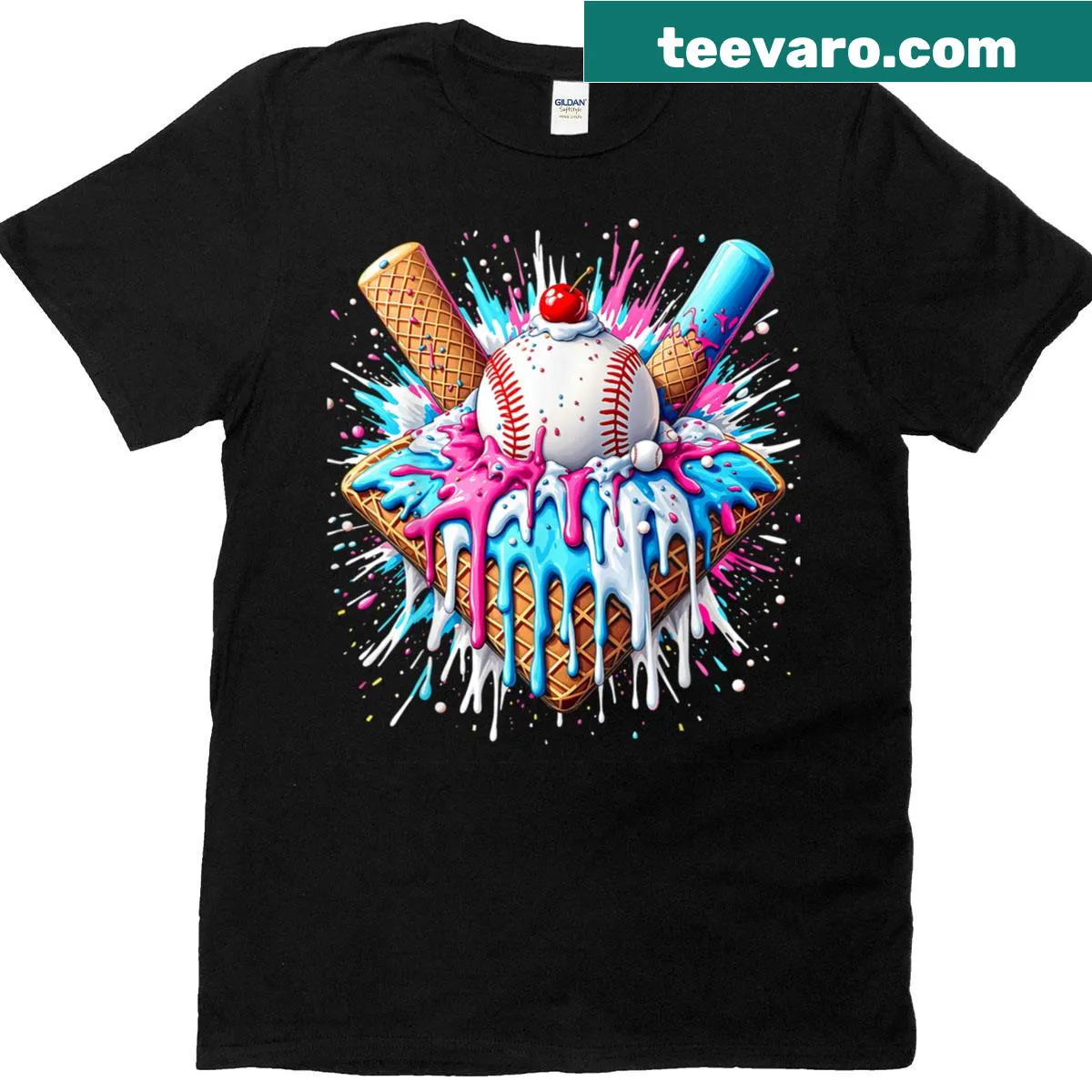 Illustration of a baseball home plate dripping with ice cream — on a men's t-shirt
