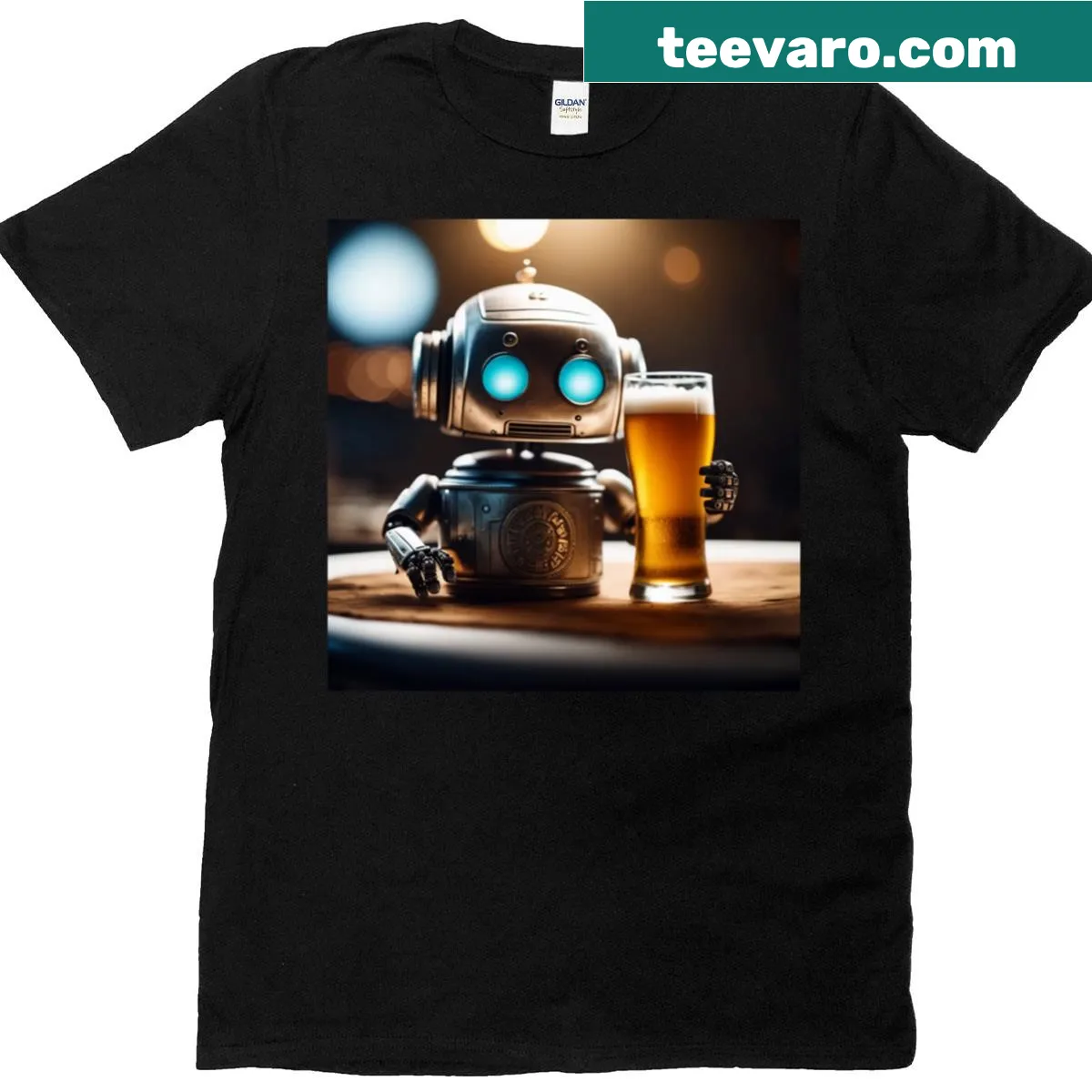 Cartoon robot holding a beer graphic on T-shirt — on a men's t-shirt
