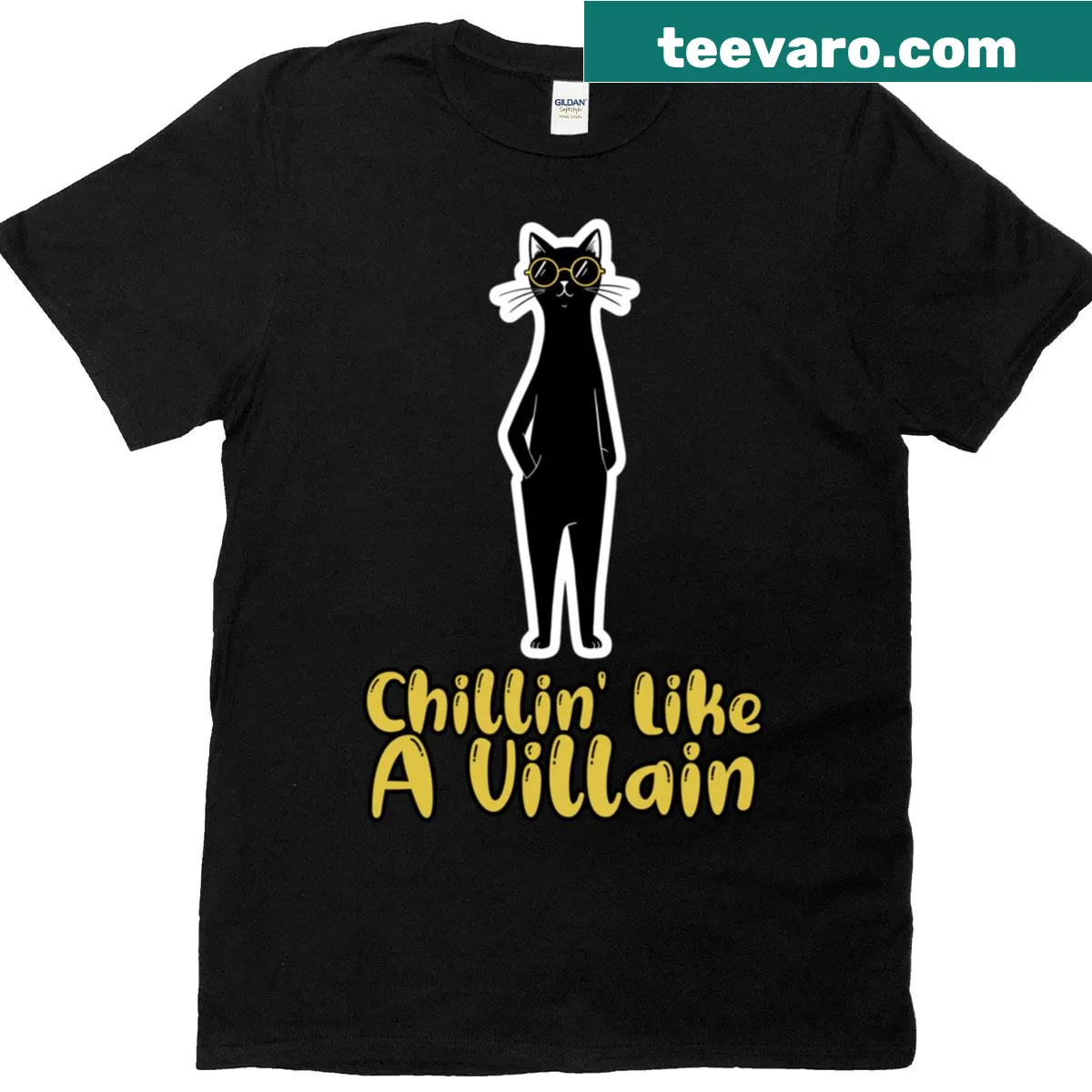 Illustration of a relaxed black cat on a t-shirt — on a men's t-shirt