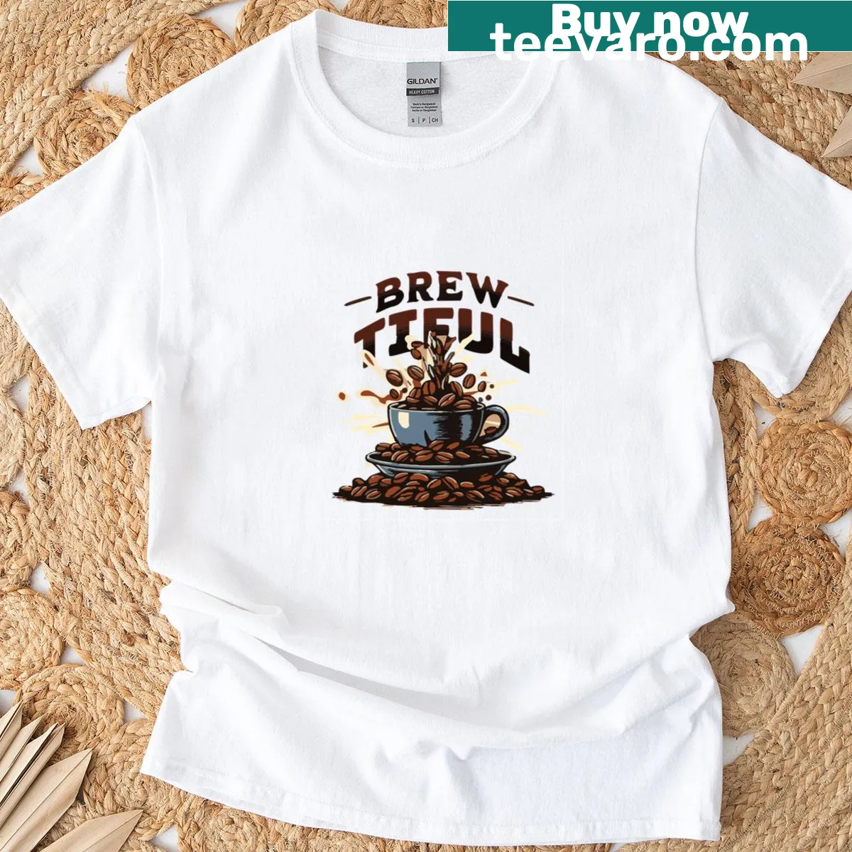 Whimsical coffee-themed T-shirt featuring a splash design with coffee beans. — on a men's t-shirt