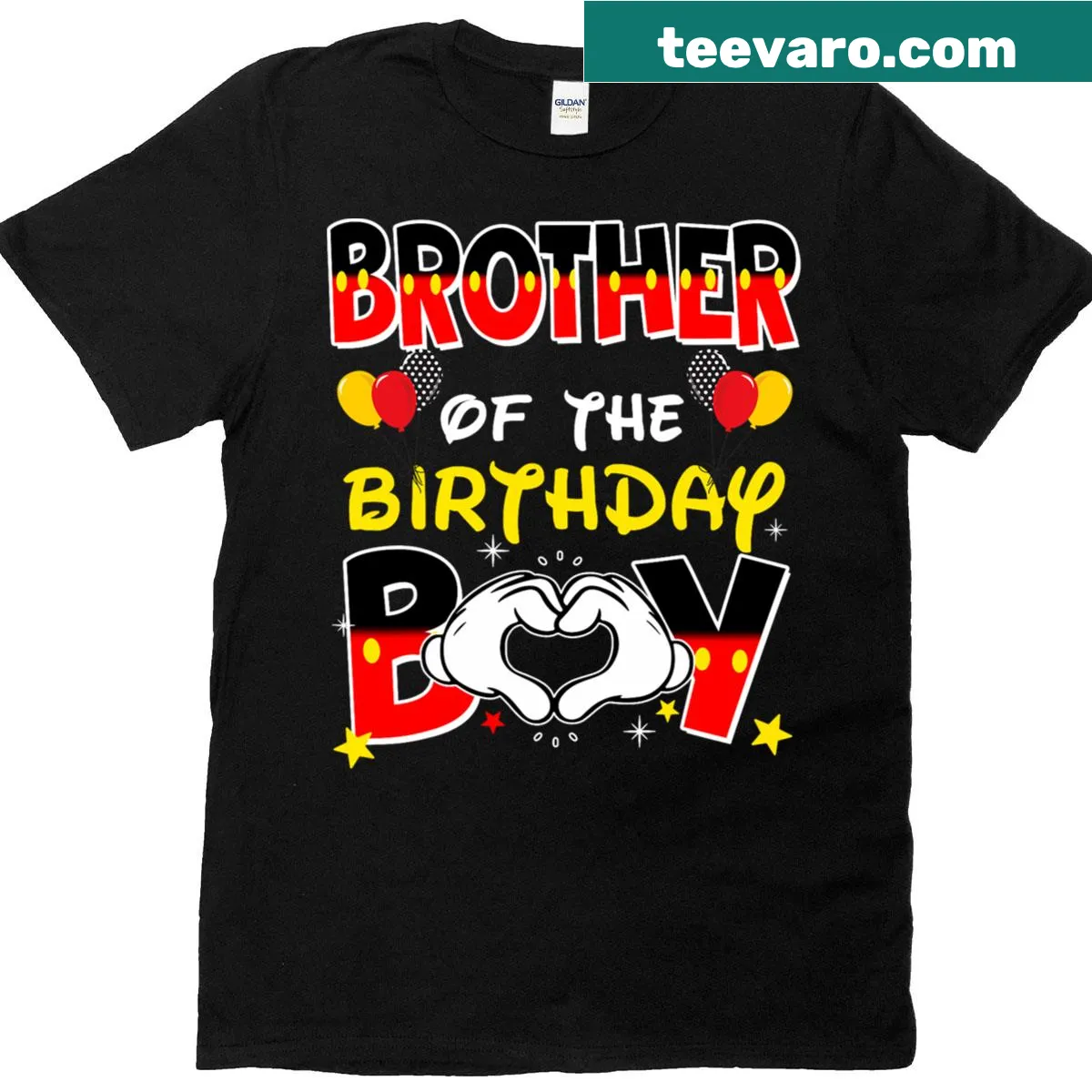 T-shirt with text identifying as the brother of the birthday boy — on a men's t-shirt
