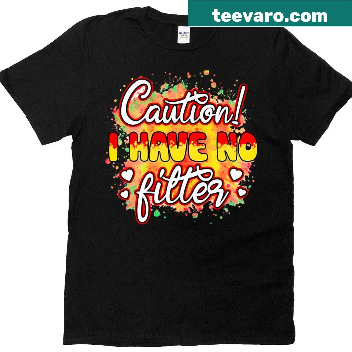 T-shirt with the humorous phrase 'Caution: I Have No Filter' — on a men's t-shirt