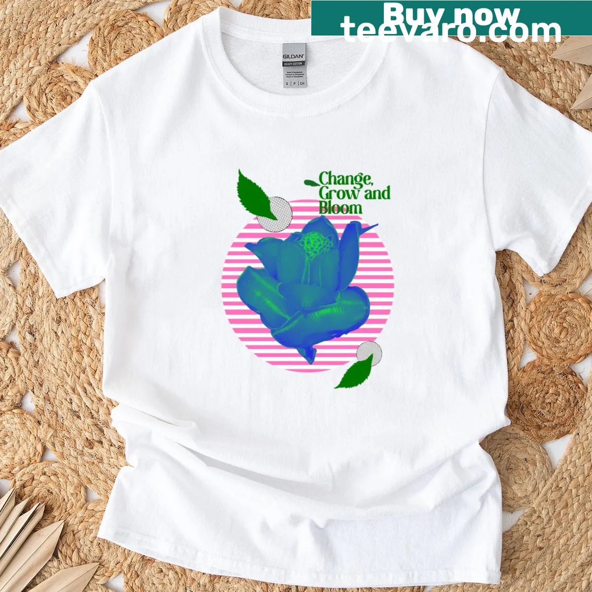 Inspirational t-shirt with the phrase 'Change, Grow, and Bloom' — on a men's t-shirt