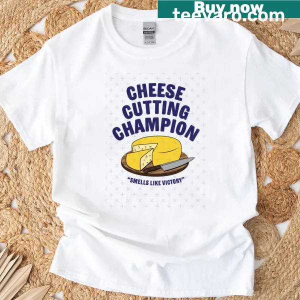 Humorous Cheese Cutting Champion t-shirt with playful graphics
