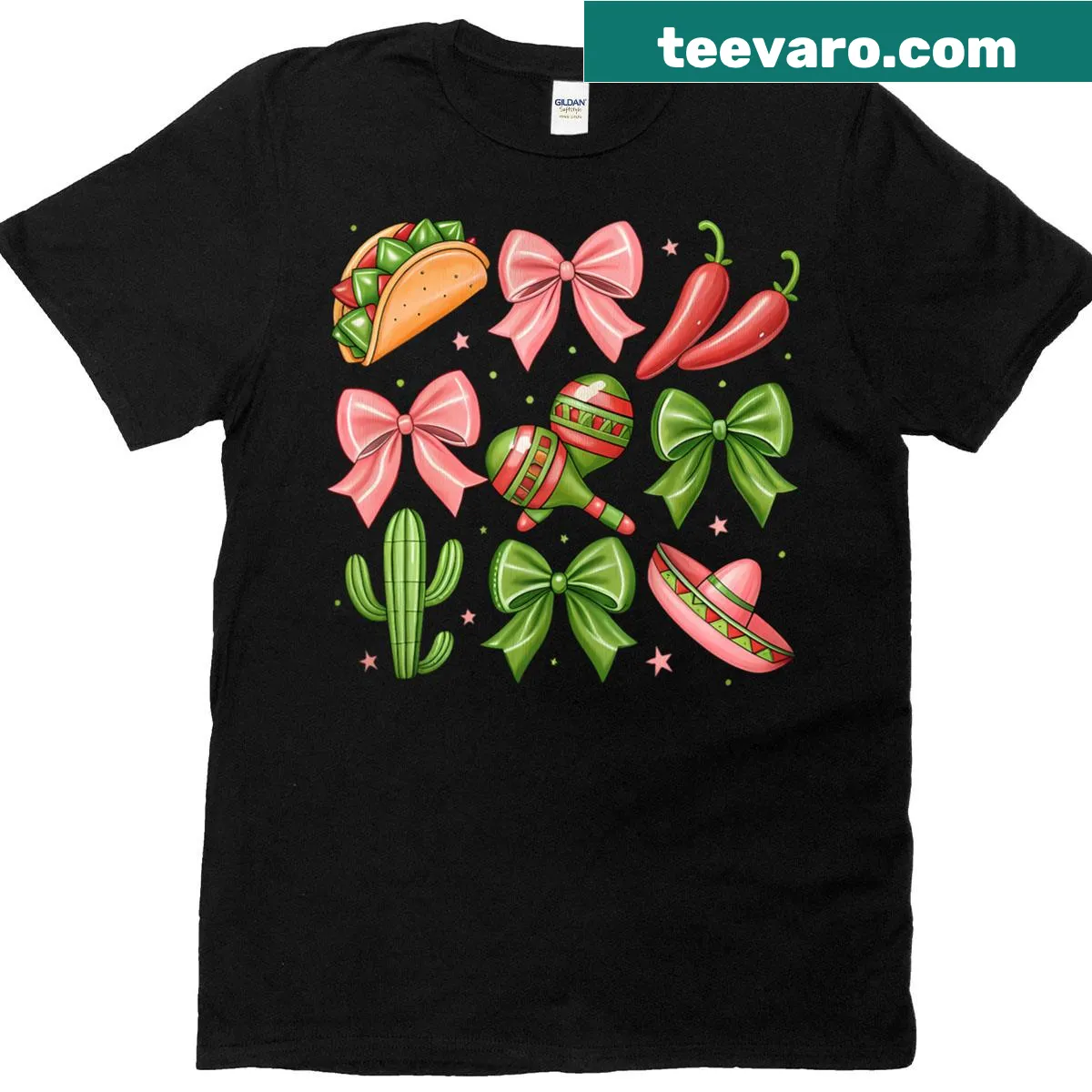 Cinco de Mayo T-shirt with coquette bow and festive taco graphics — on a men's t-shirt