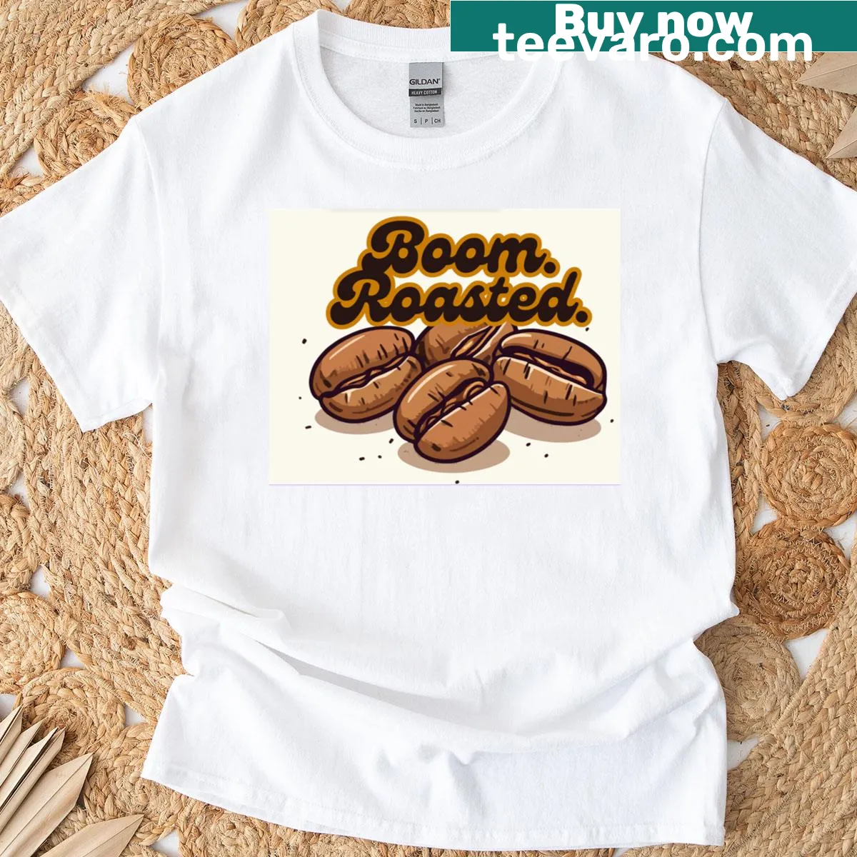 Artsy T-shirt with a whimsical coffee beans design and playful slogan — on a men's t-shirt
