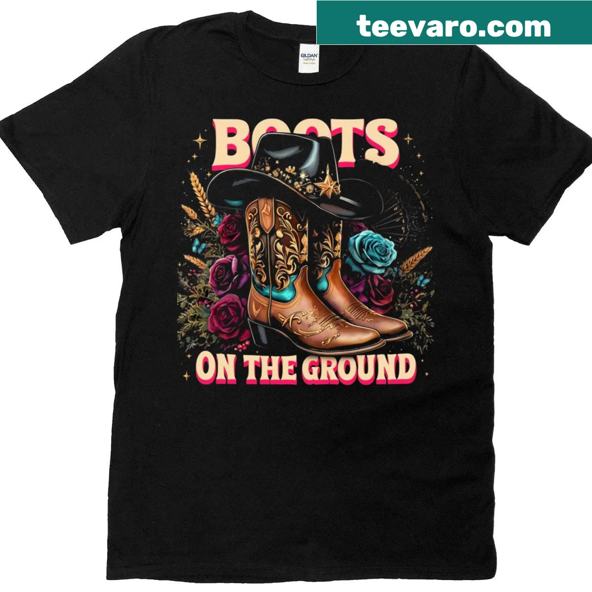 Cute T-shirt with cartoon graphic of cowboy linedance boots — on a men's t-shirt