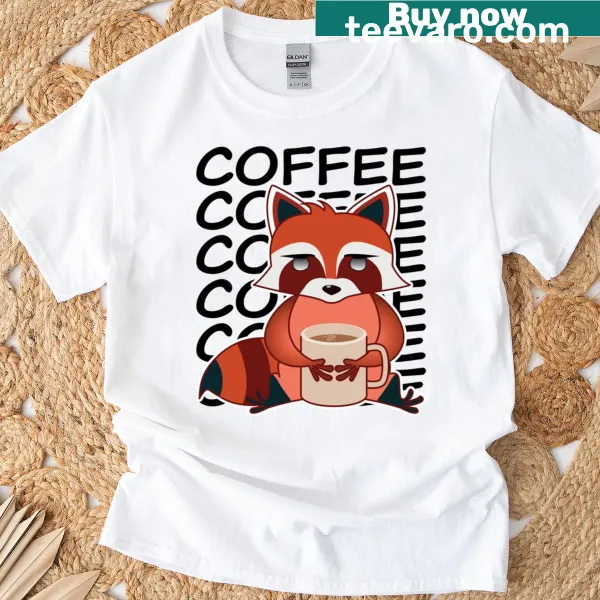 Kawaii red panda drinking coffee graphic on a T-shirt