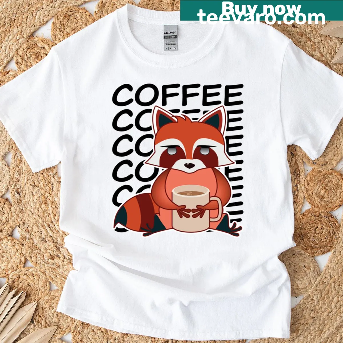 Kawaii red panda drinking coffee graphic on a T-shirt — on a men's t-shirt