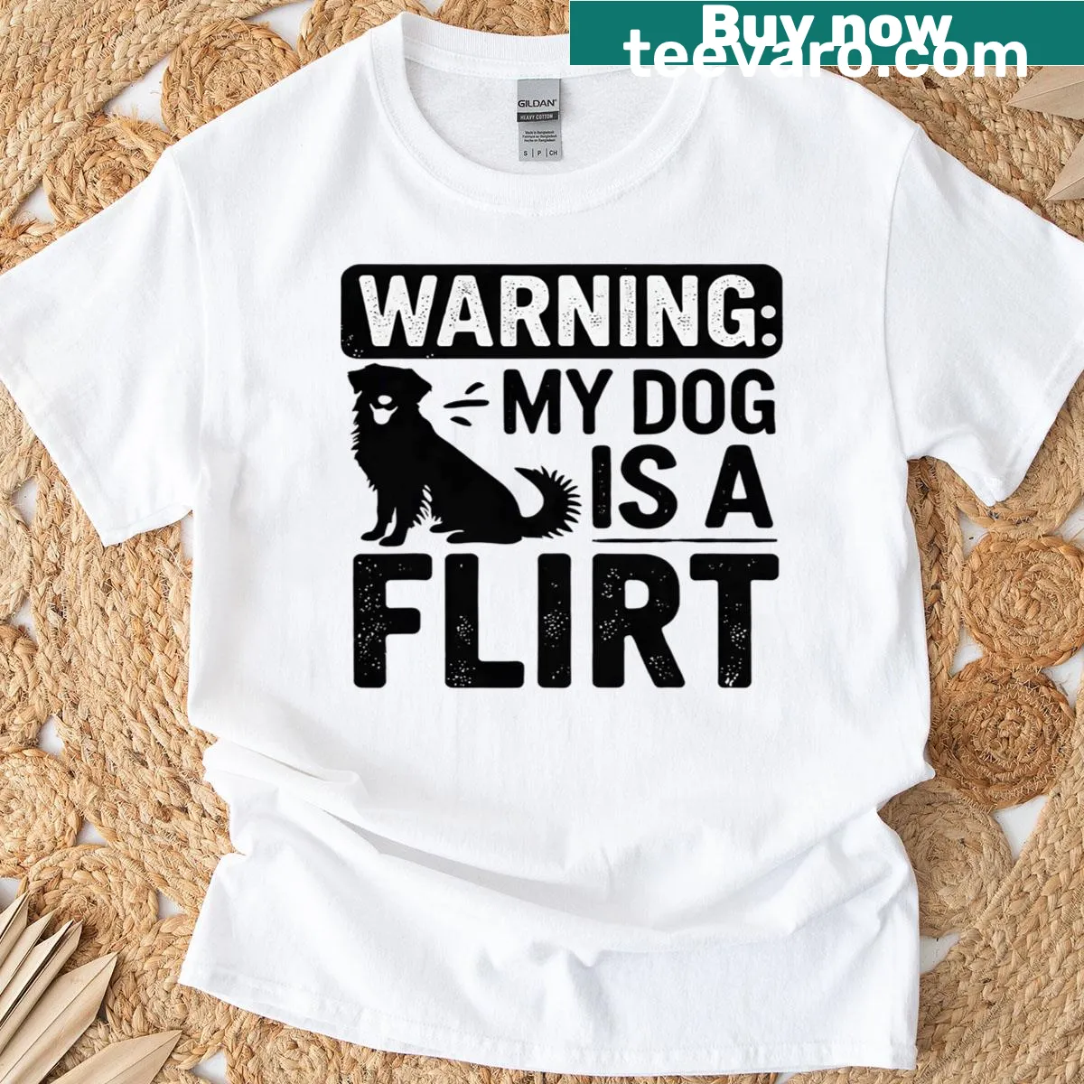 Dog lover T-shirt with humorous warning sign illustration — on a men's t-shirt
