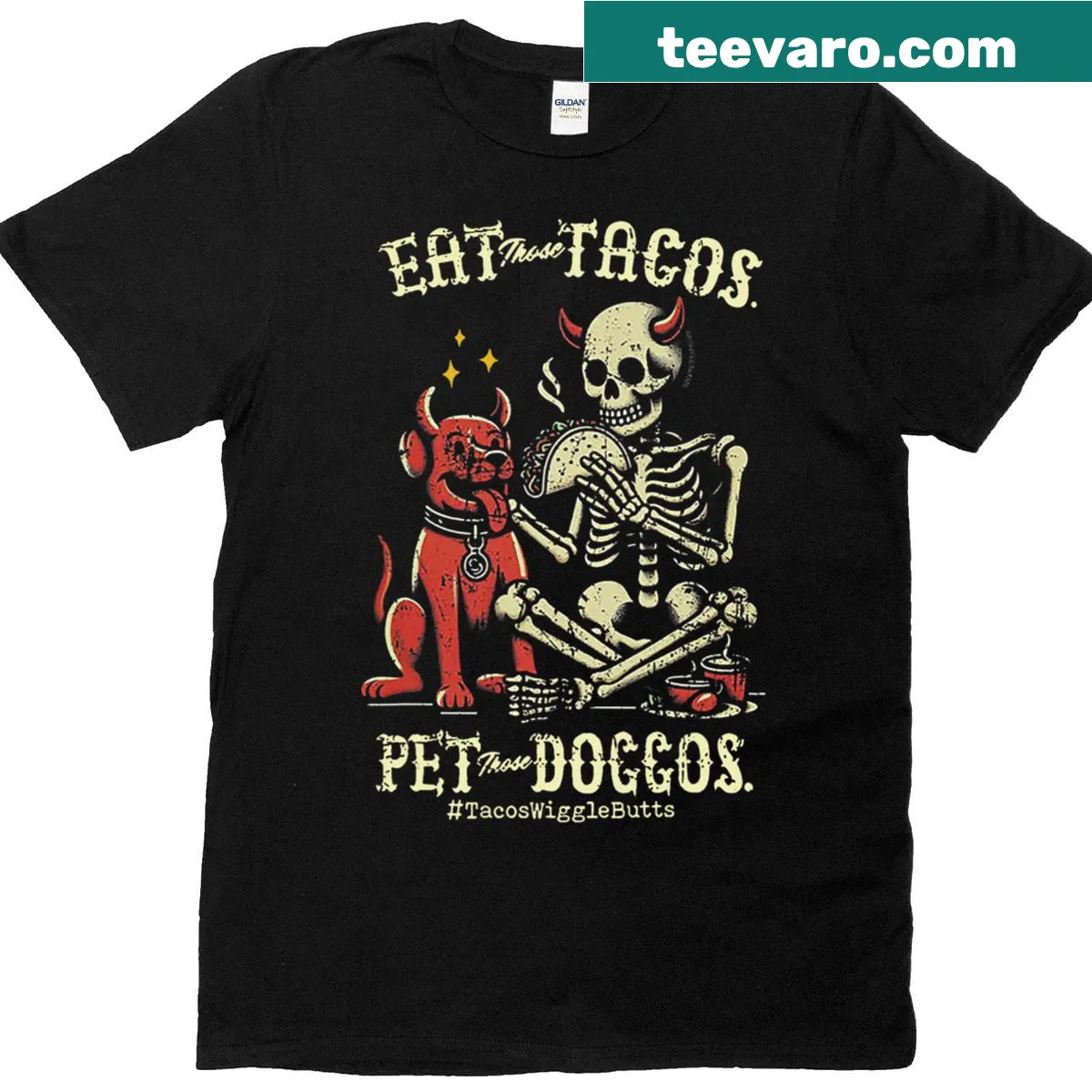 T-shirt featuring tacos and dogs illustration — on a men's t-shirt