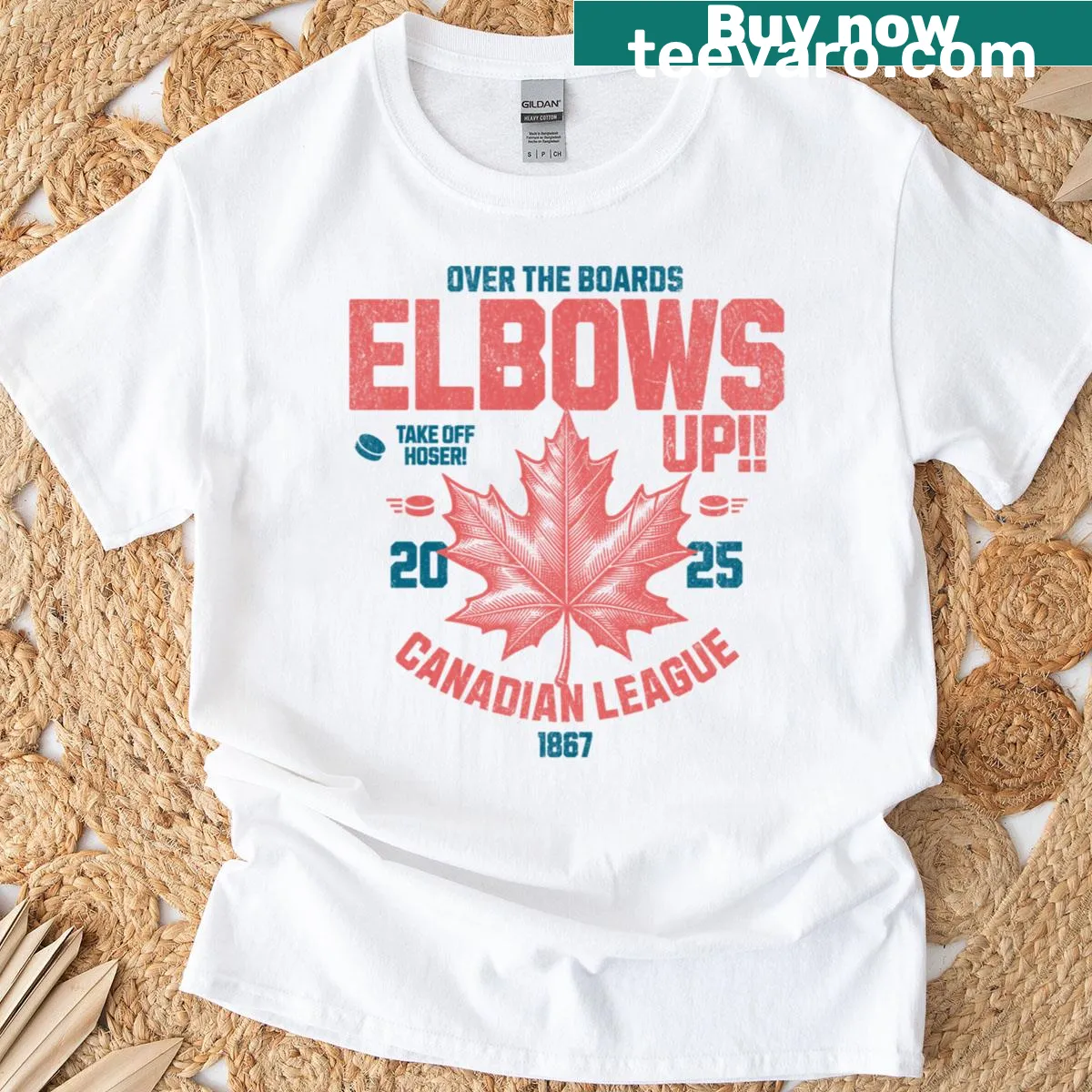 Hockey-themed t-shirt with Elbows Up and Canadian League design — on a men's t-shirt