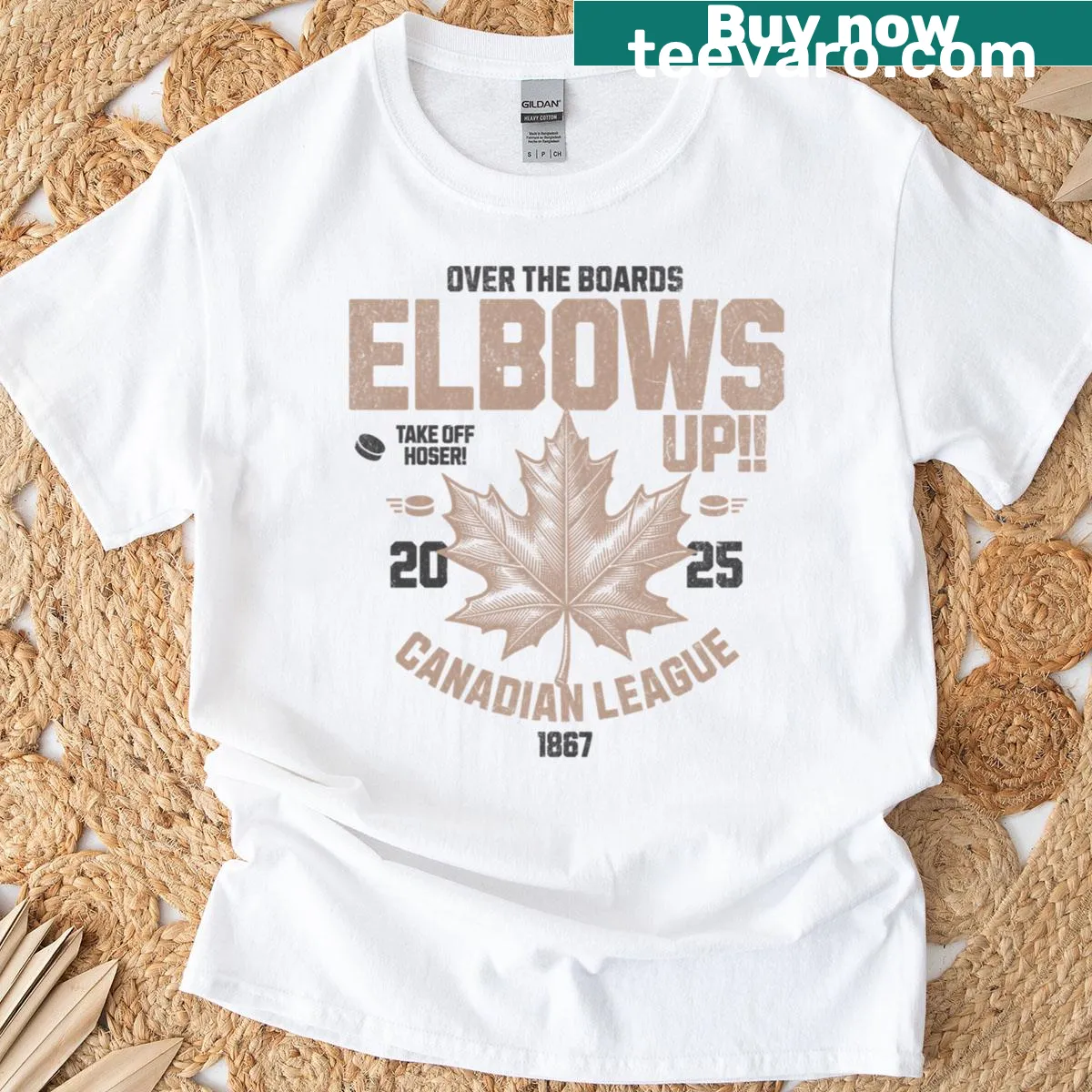 T-shirt celebrating hockey culture with the phrase 'Elbows Up!' — on a men's t-shirt