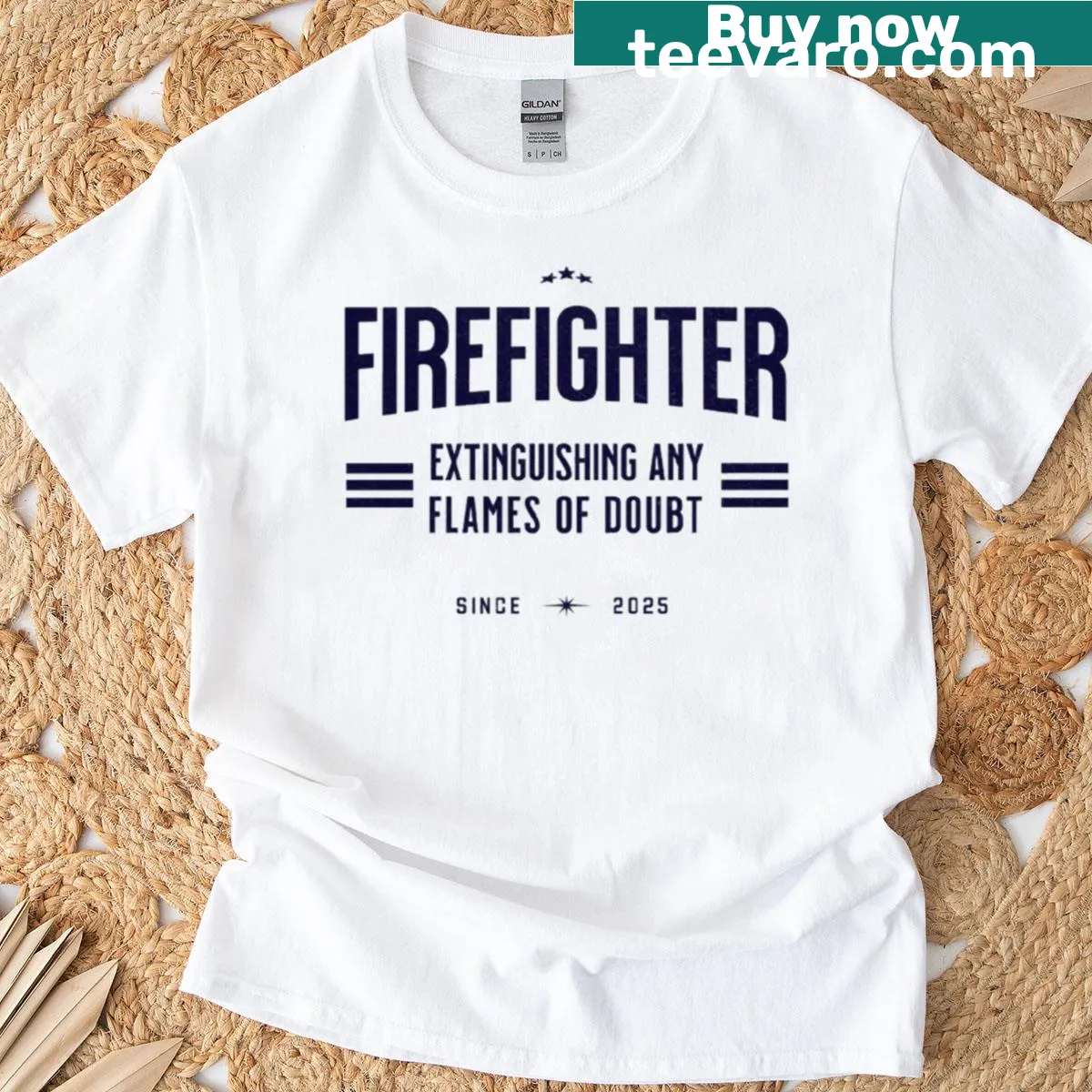 Firefighter T-shirt with extinguishing flames of doubt text — on a men's t-shirt