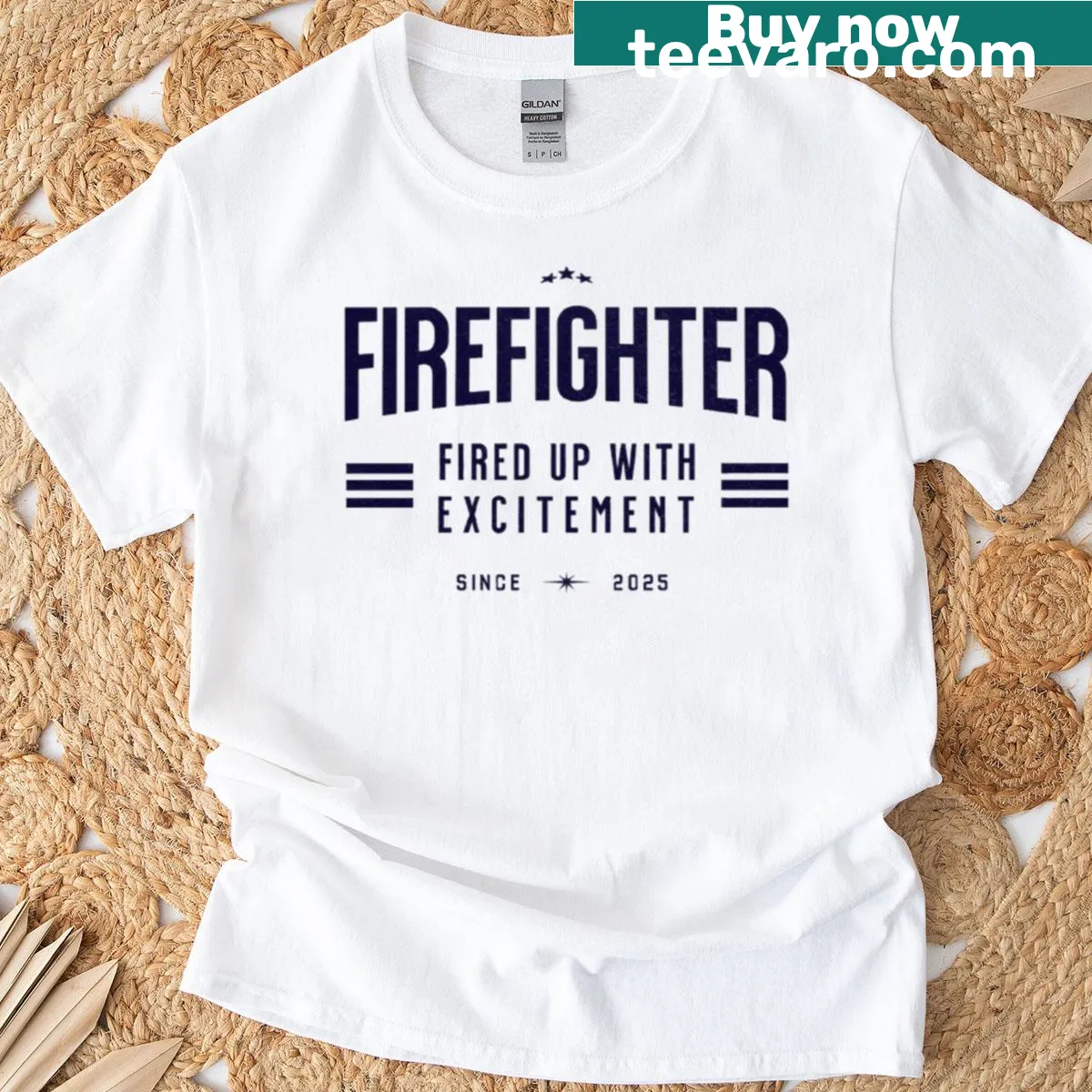 Firefighter t-shirt with bold 'Fired Up With Excitement' text — on a men's t-shirt