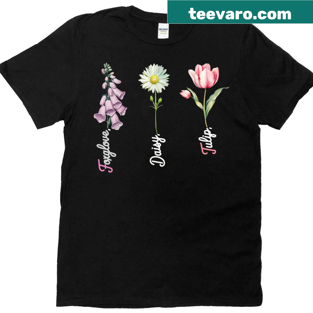 Floral T-shirt featuring foxgloves, daisies, and tulips — on a men's t-shirt