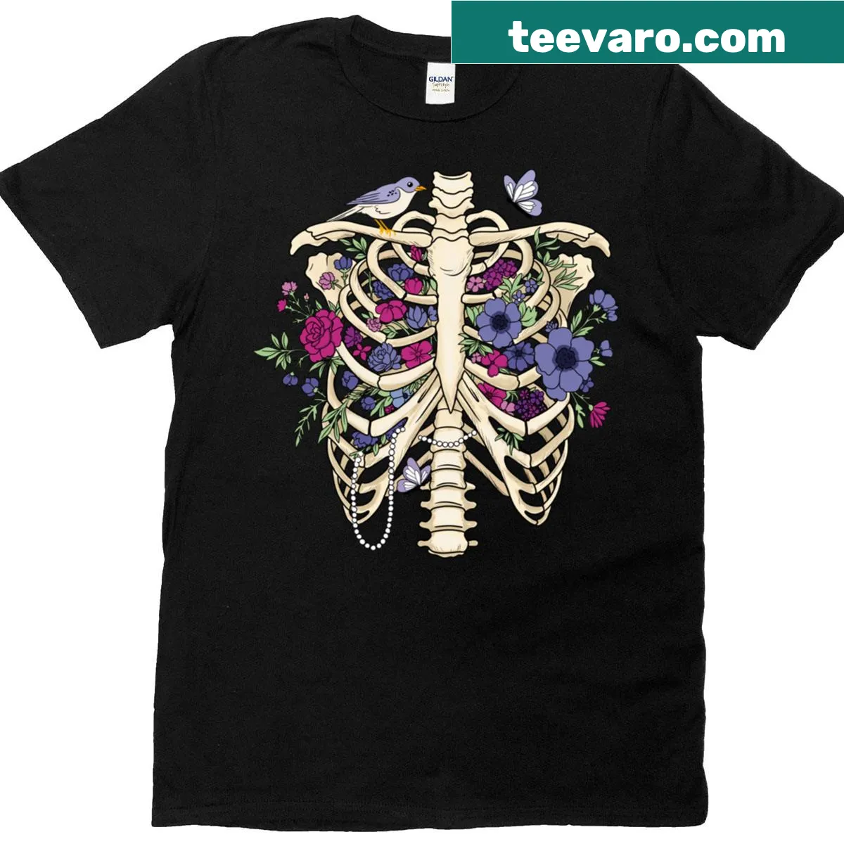Floral ribcage skeleton graphic T-shirt with gothic art style. — on a men's t-shirt
