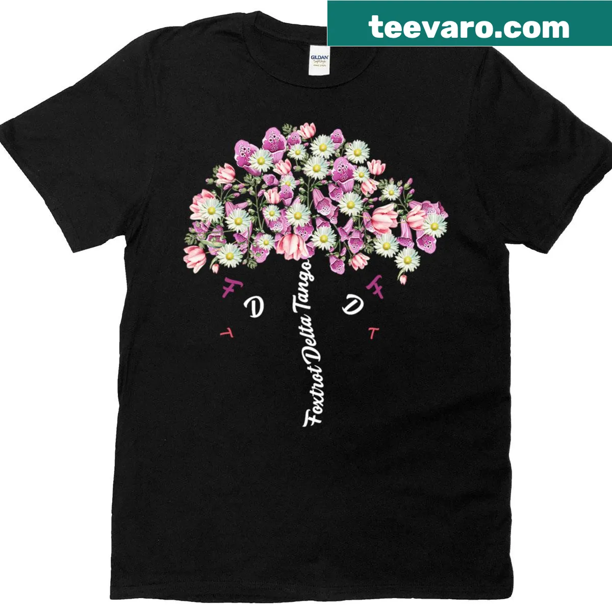 Illustrated floral design with foxgloves, daisies, and tulips — on a men's t-shirt