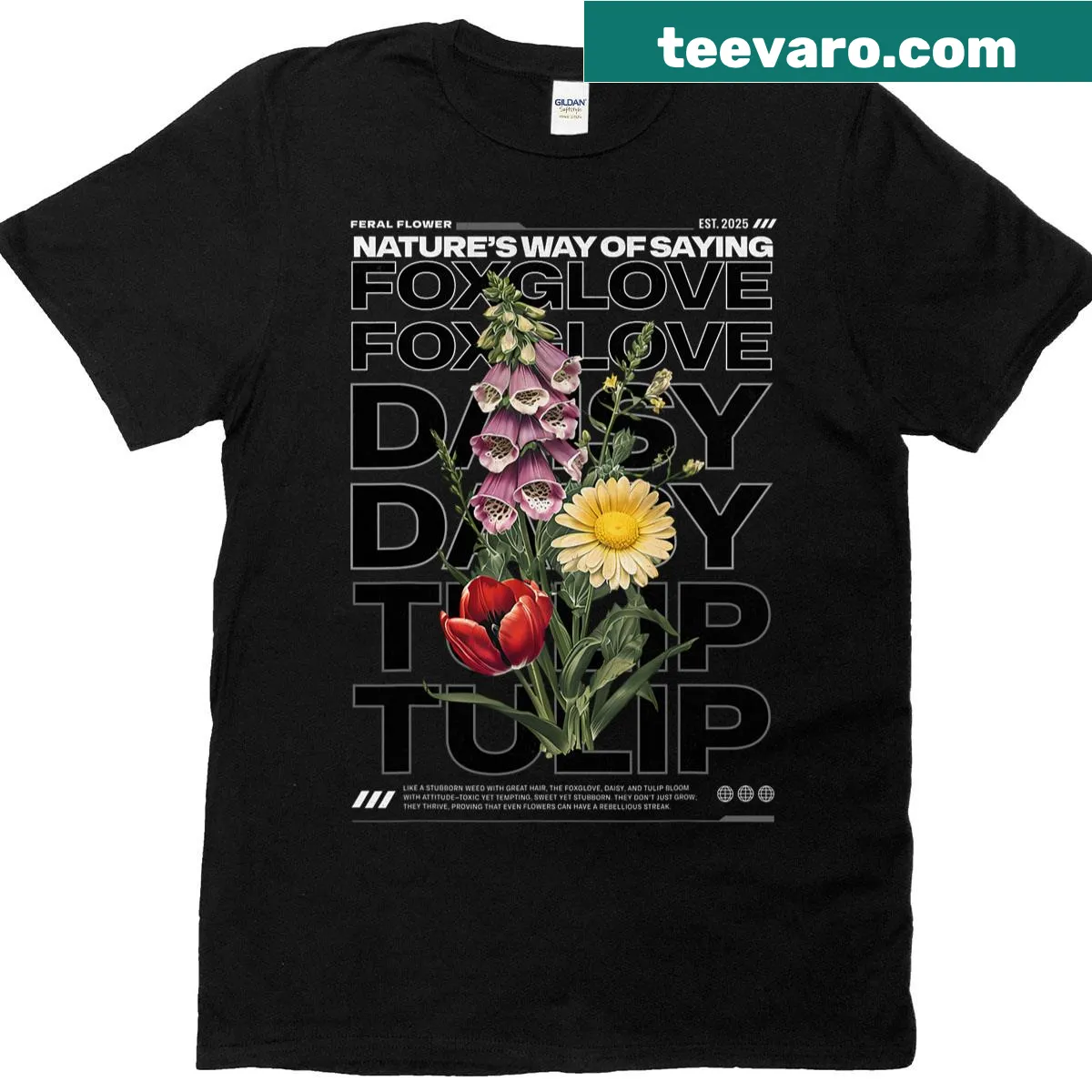 Funny floral graphic featuring foxglove, daisies, and tulips on a t-shirt — on a men's t-shirt