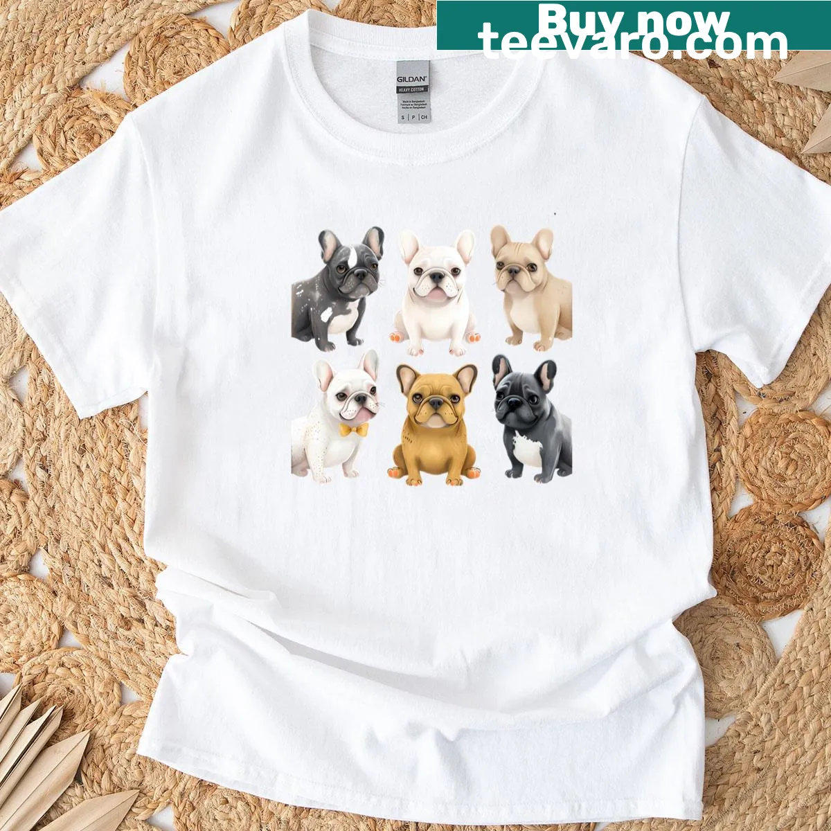 Pattern design featuring playful French Bulldogs — on a men's t-shirt