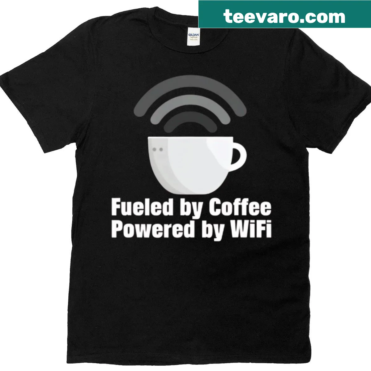 T-shirt with 'Fueled By Coffee Powered By Wifi' in a playful design — on a men's t-shirt