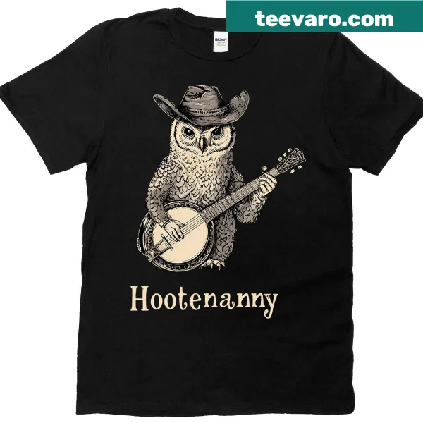 Cartoon owl playing banjo on a music-themed T-shirt