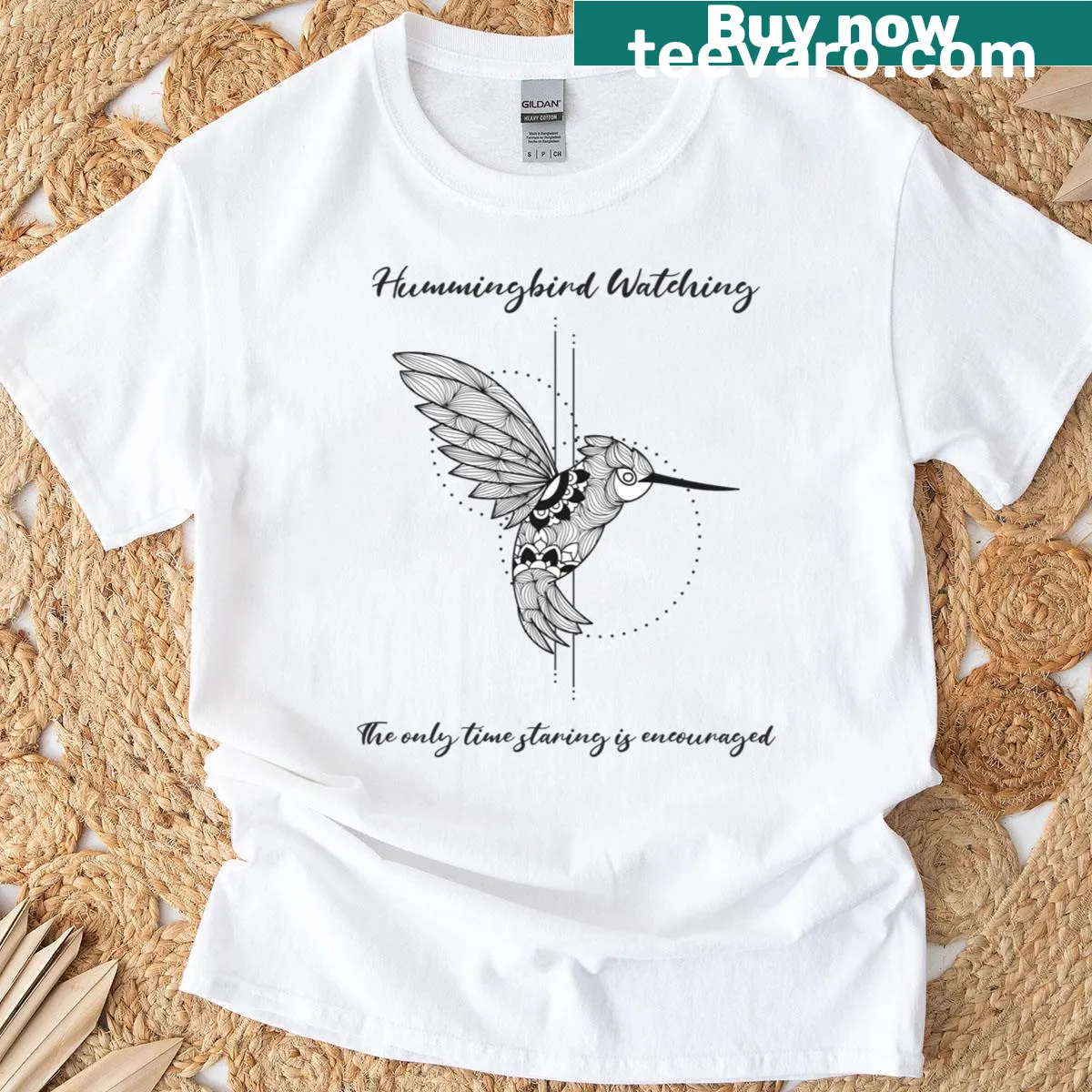 Illustration of a hummingbird with a playful phrase about staring — on a men's t-shirt