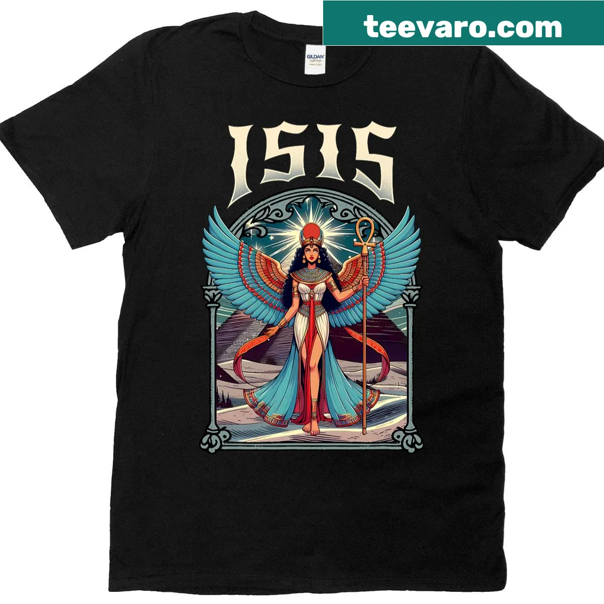 Typographic design celebrating the Goddess Isis in Egyptian mythology — on a men's t-shirt