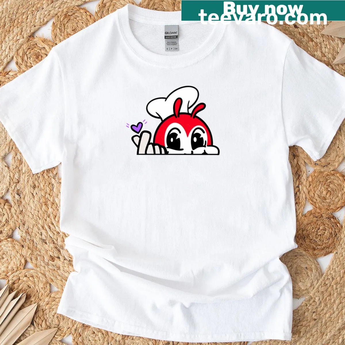 Cartoon Jollibee mascot making a finger heart on a T-shirt — on a men's t-shirt