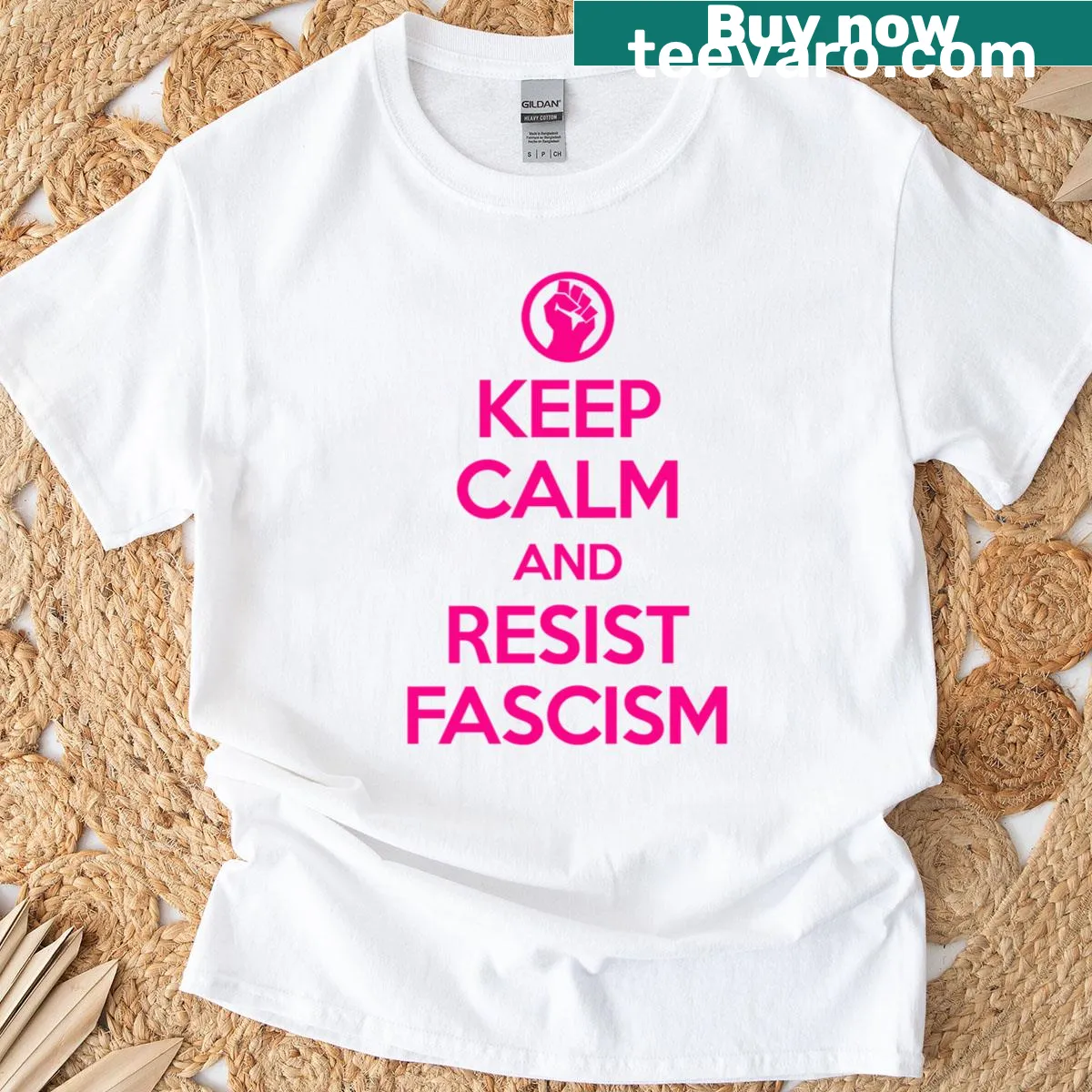 Hot pink text t-shirt with 'Keep Calm And Resist Fascism' slogan — on a men's t-shirt
